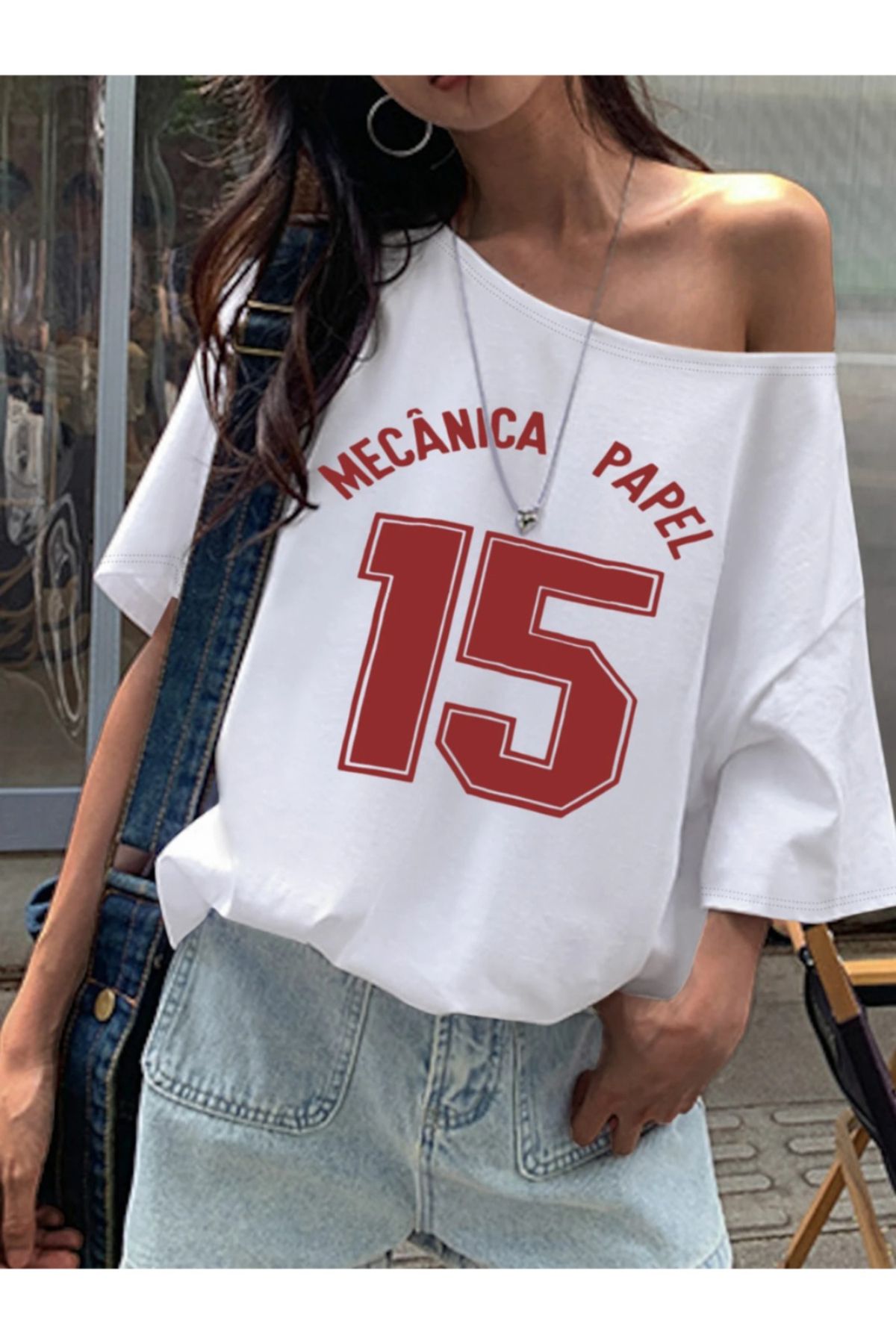 Koklonmoda Kadın Düşük Omuz Kayık Yaka Papel 15 Baskılı T-Shirt