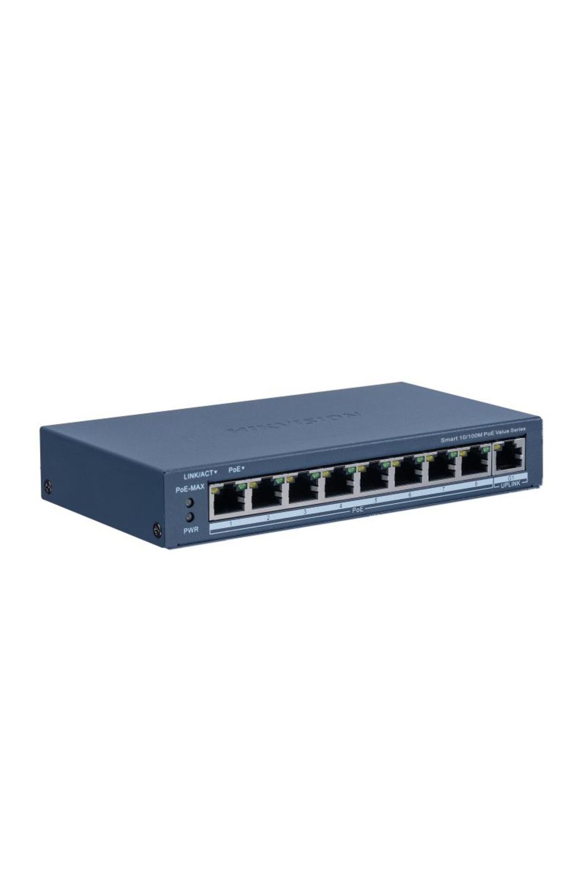 Hikvision-Switch PoE DS-3E1309P-EI/M: 8 × 10/100 Mbps PoE port, 1 × Gigabit RJ45 port, 8 portur 1