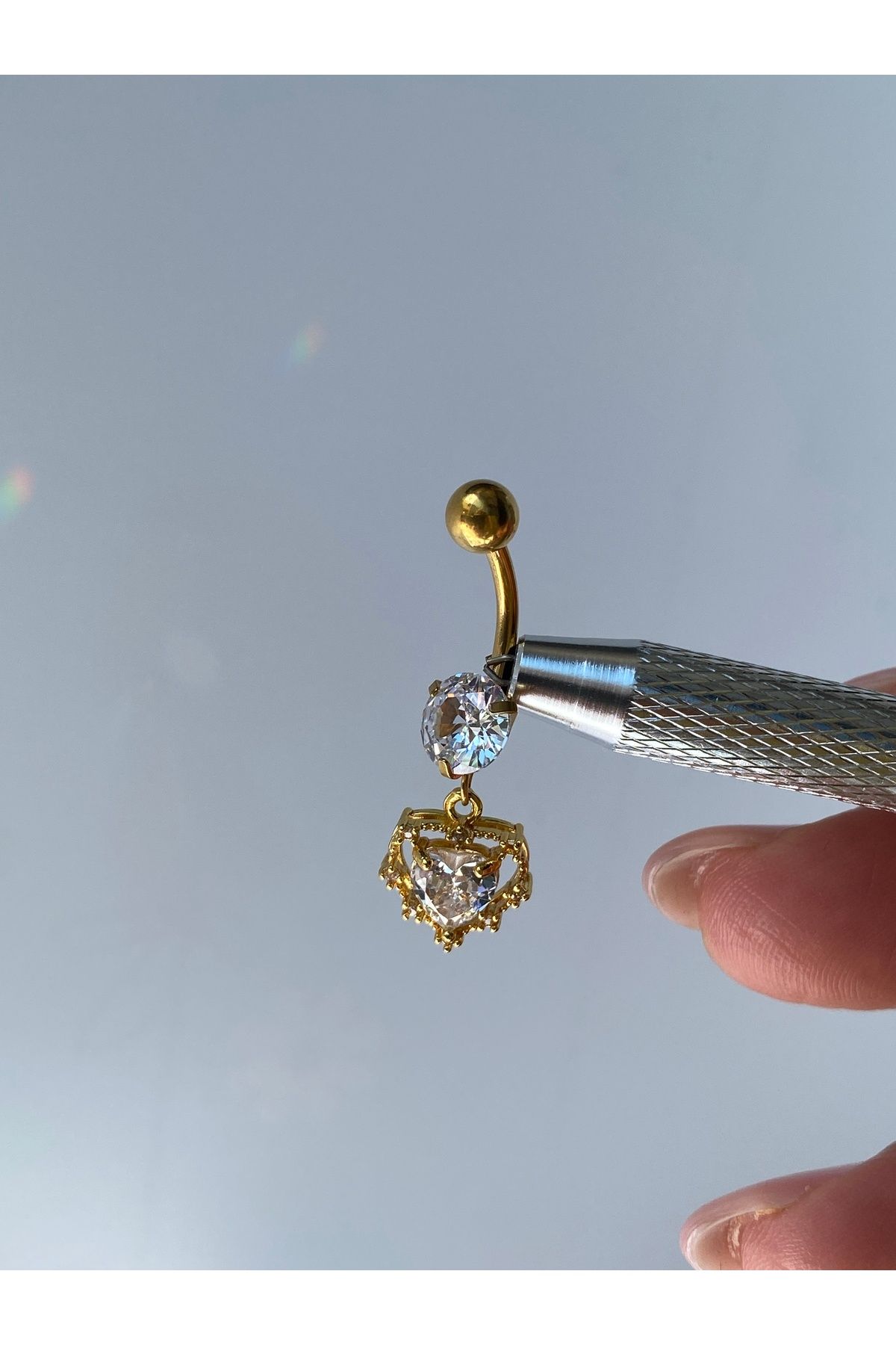 kurukafagift Çelik Göbek Piercing Kalpli Sallantılı Zirkon Taşlı
