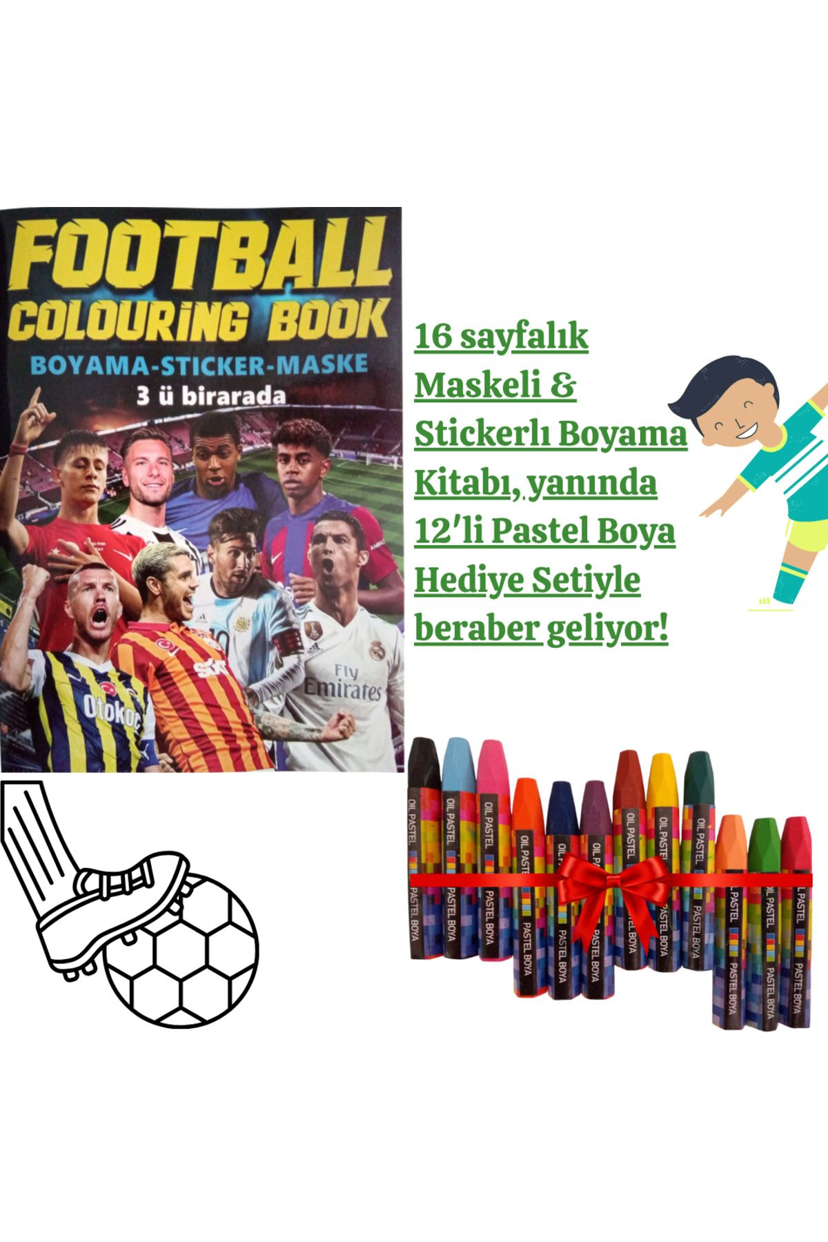 booddie Football Futbol Boyama Kitabı Stickerlı (arka Kapak Kesilerek Maskeli ) 12'li Pastel Boya Seti