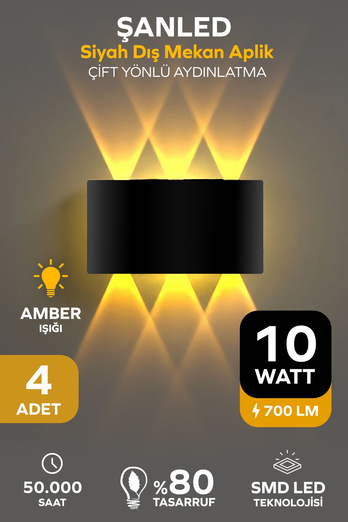 ŞANLED Dekoratif 10w Çift Yönlü Iç-dış Mekan Siyah Kasa Amber Rengi Işık Duvar Aplik-4 Adet