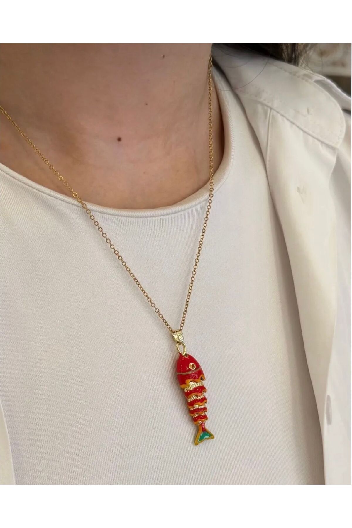soleah Çelik Kırmızı Balık Kolye Gold Renk 45cm