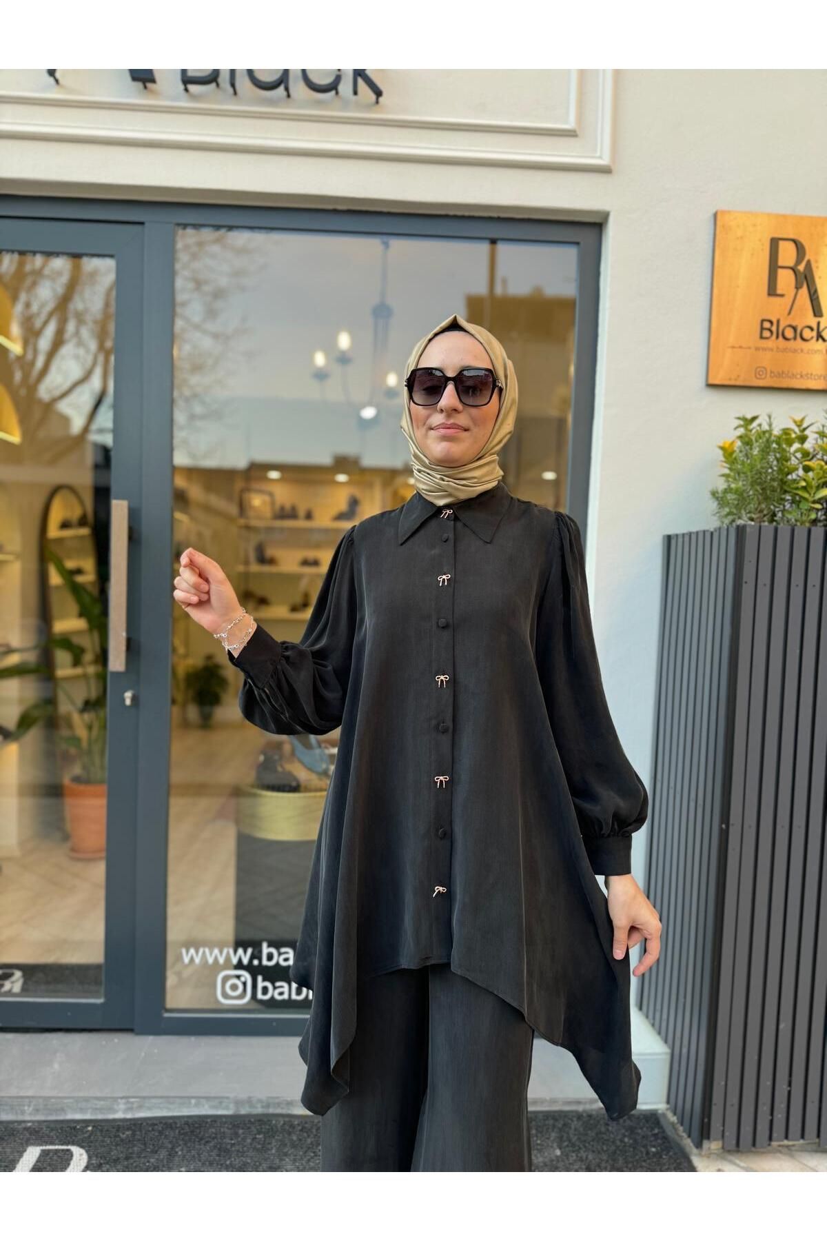 Babil Butik Aksesuar Düğmeli Cupra Kadın Gömlek Siyah