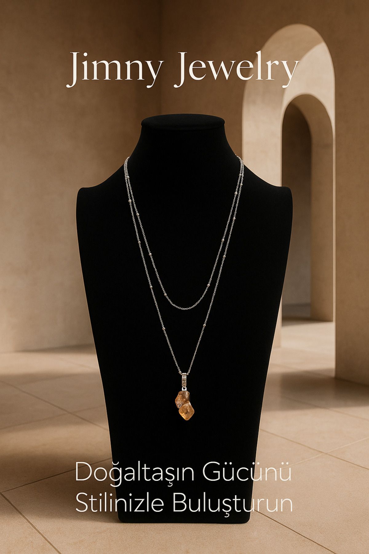 JİMNY JEWELRY Pelot Silver Parlak Özel Kesim Sitrin Uçlu Kolye