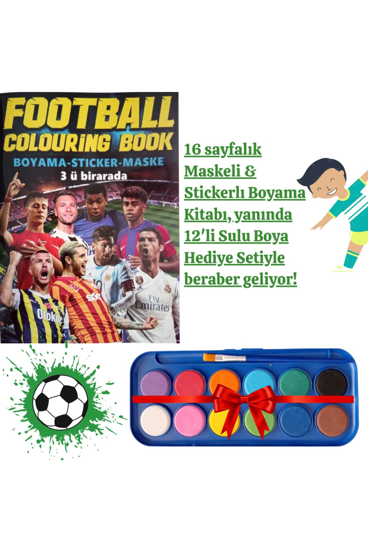 booddie Football Futbol Boyama Kitabı Stickerlı (arka Kapak Kesilerek Maskeli ) 12'li Sulu Boya Seti