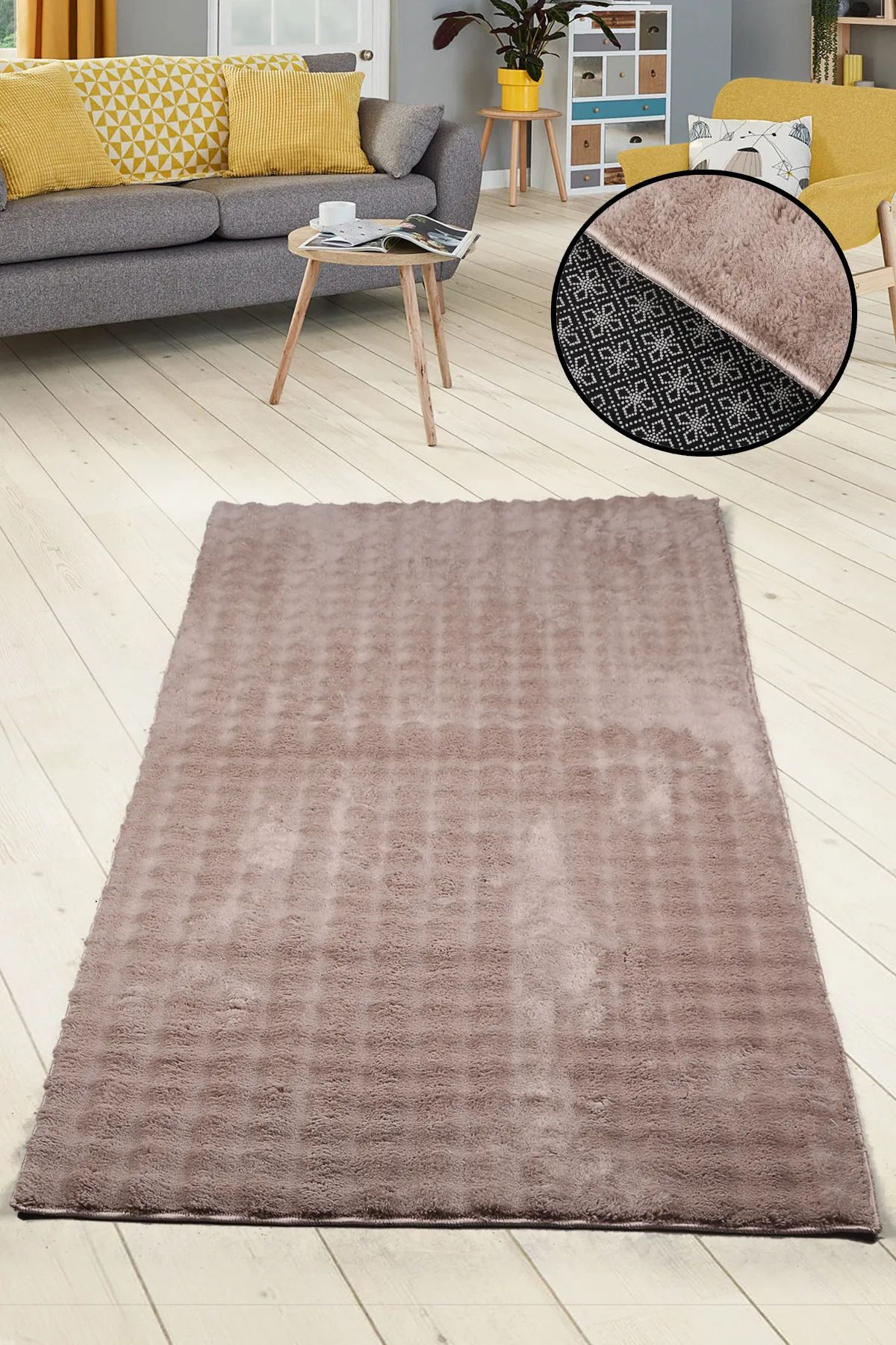 SerenitaHome Post/Peluş Kaymaz Taban Yıkanabilir Bubble Serisi Sacaksız Vizon Salon Koridor Mutfak Halısı