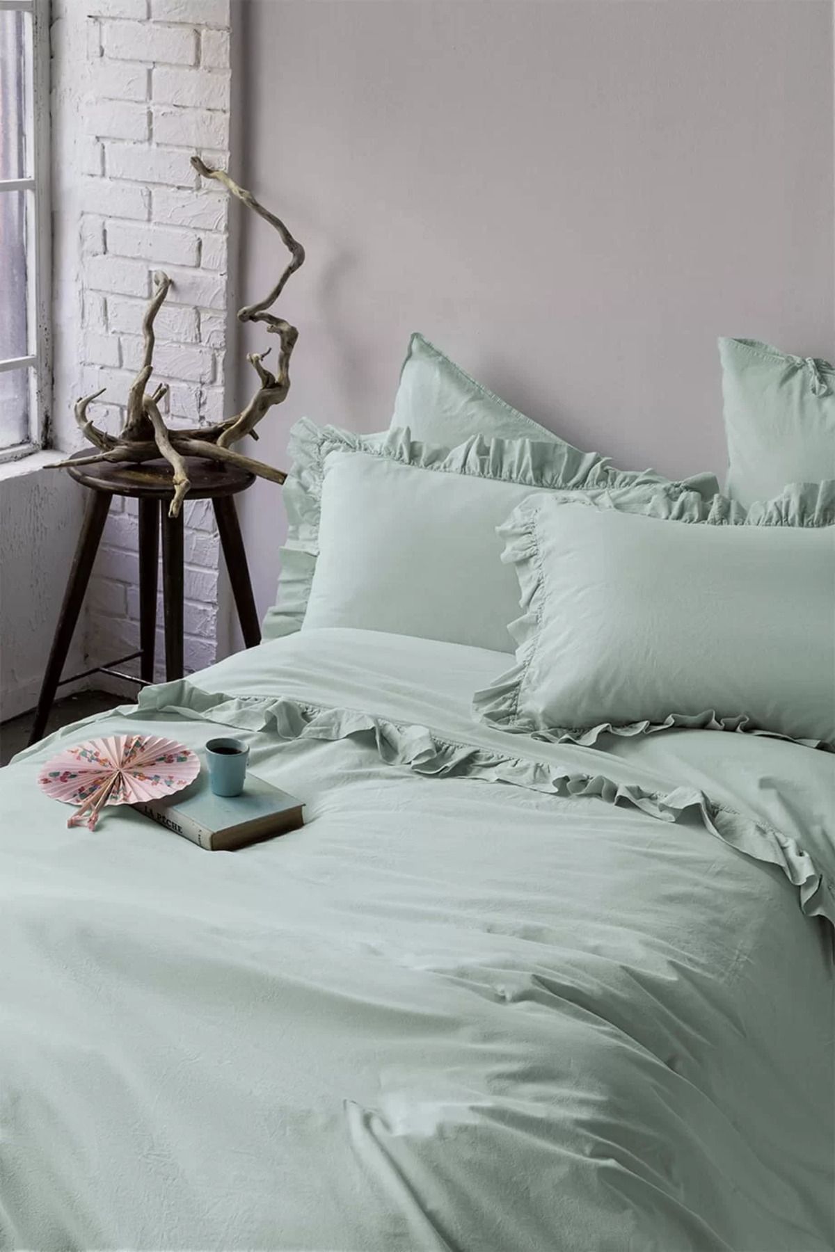 İssimo Home Frill Mint Yıkanmış %100 Pamuk Poplin Nevresim Takımı Çift Kişilik