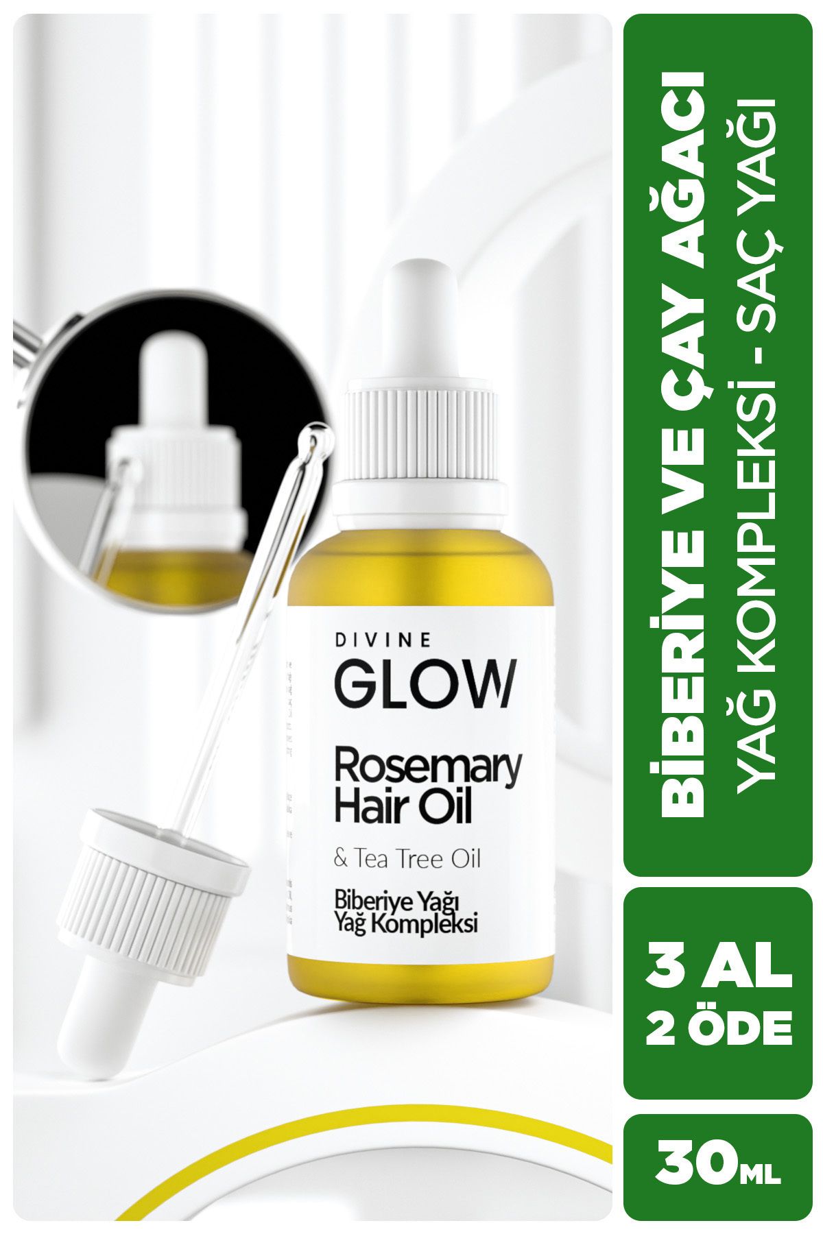 Divine Glow Biberiye Yağı Kompleksi, Çay Ağacı Yağı ve Biberiye, Hızlı Saç Uzatma ve Dökülme Karşıtı 30ML
