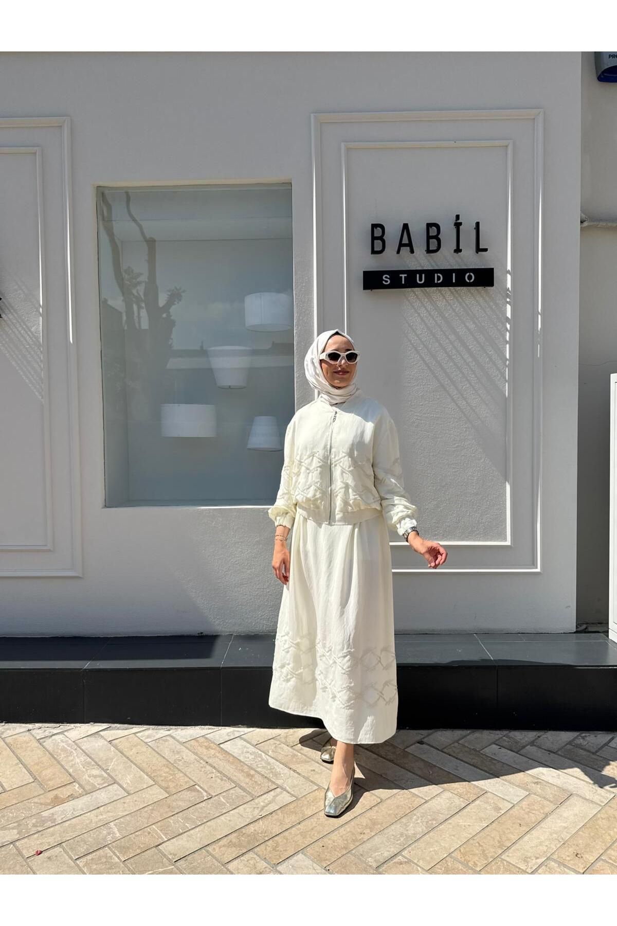 Babil Butik 25014026 İşlemeli Ceket Etek Kadın Takım Ekru