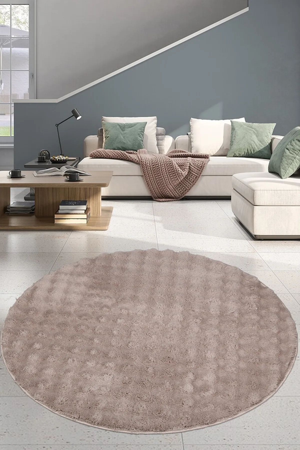 SerenitaHome Post/Peluş Kaymaz Taban Yıkanabilir Bubble Yuvarlak Sacaksız Vizon Salon Koridor Mutfak Halısı