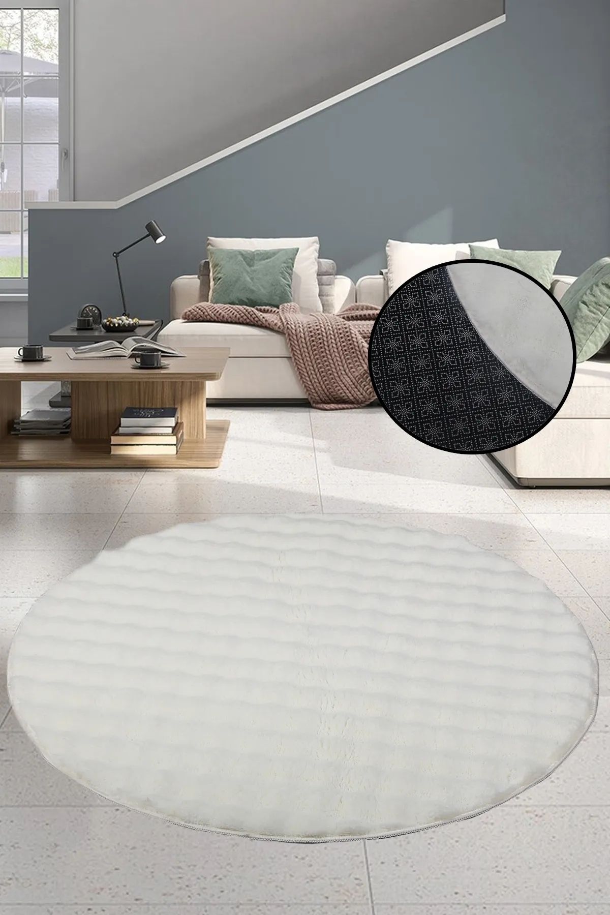SerenitaHome Post/Peluş Kaymaz Taban Yıkanabilir Bubble Yuvarlak Sacaksız Krem Salon Koridor Mutfak Halısı