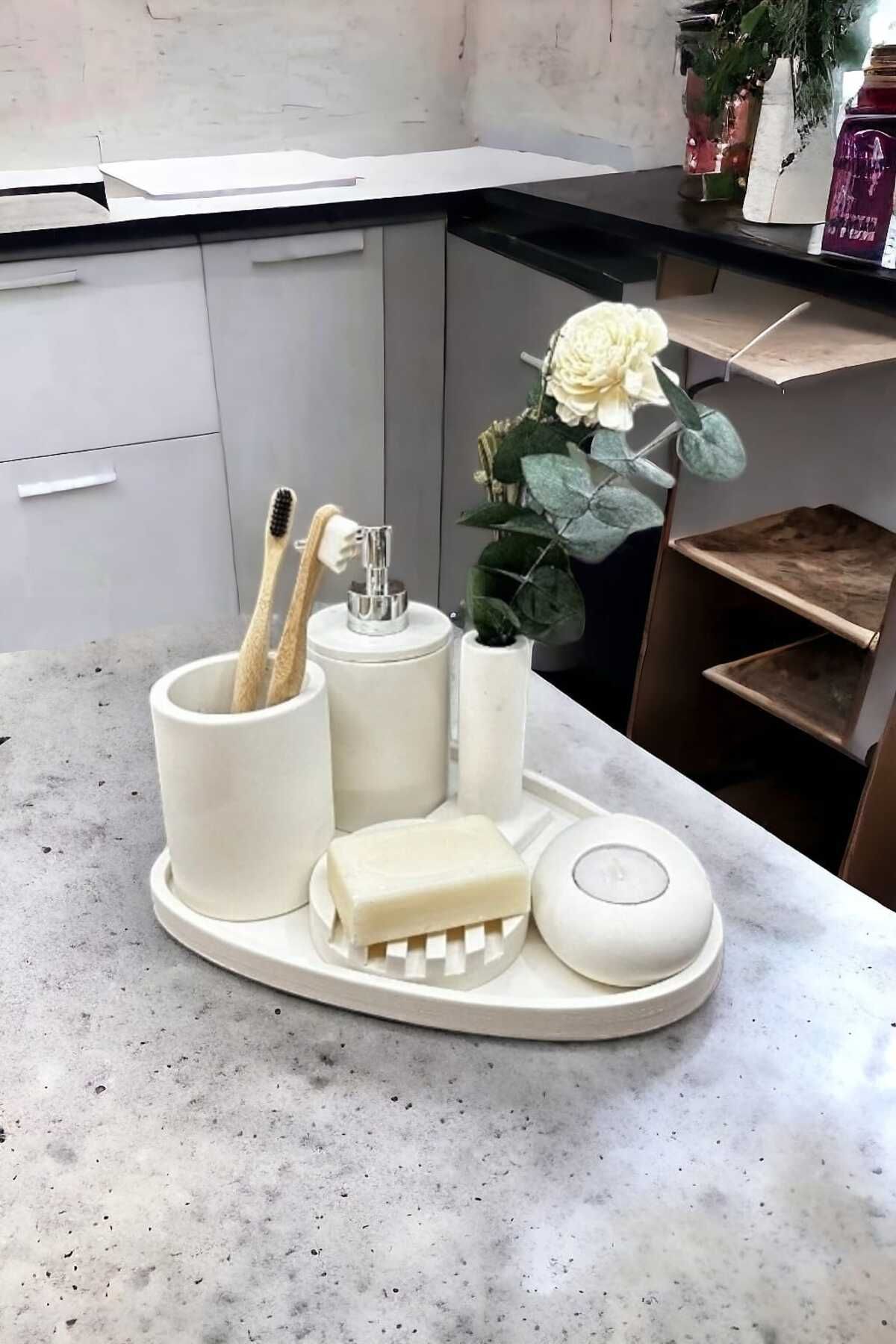 Trust Stone 6'lı Kırık Beyaz Beton Banyo Seti Sıvı Sabunluk Diş Fırçalığı ,Tepsili,Mumluklu Aksesuar Takımı