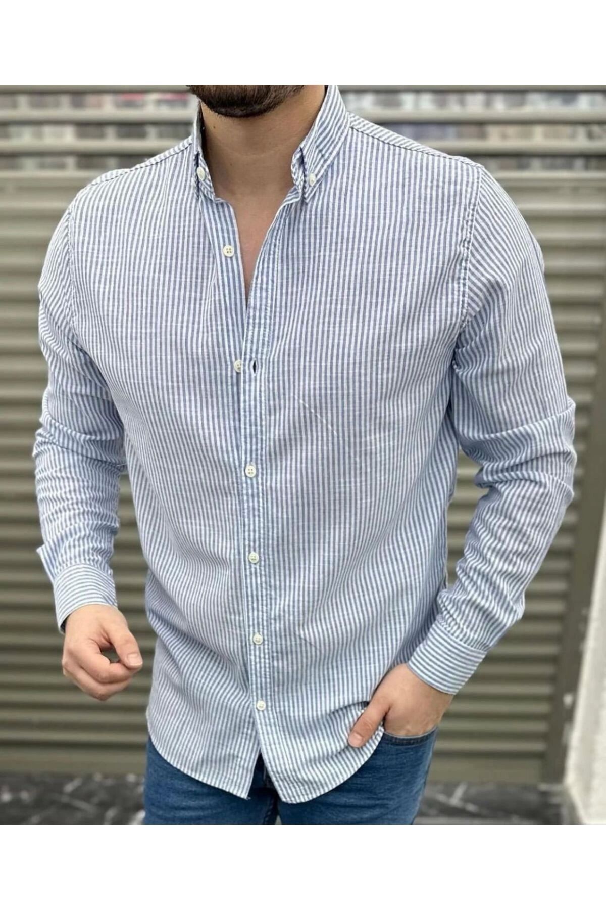 LC Waikiki Keten Çizgili Slim Fit Erkek Şık Premium Kalite Düğmeli Pamuklu Erkek Gömlek Klasik ve Spor Giyim