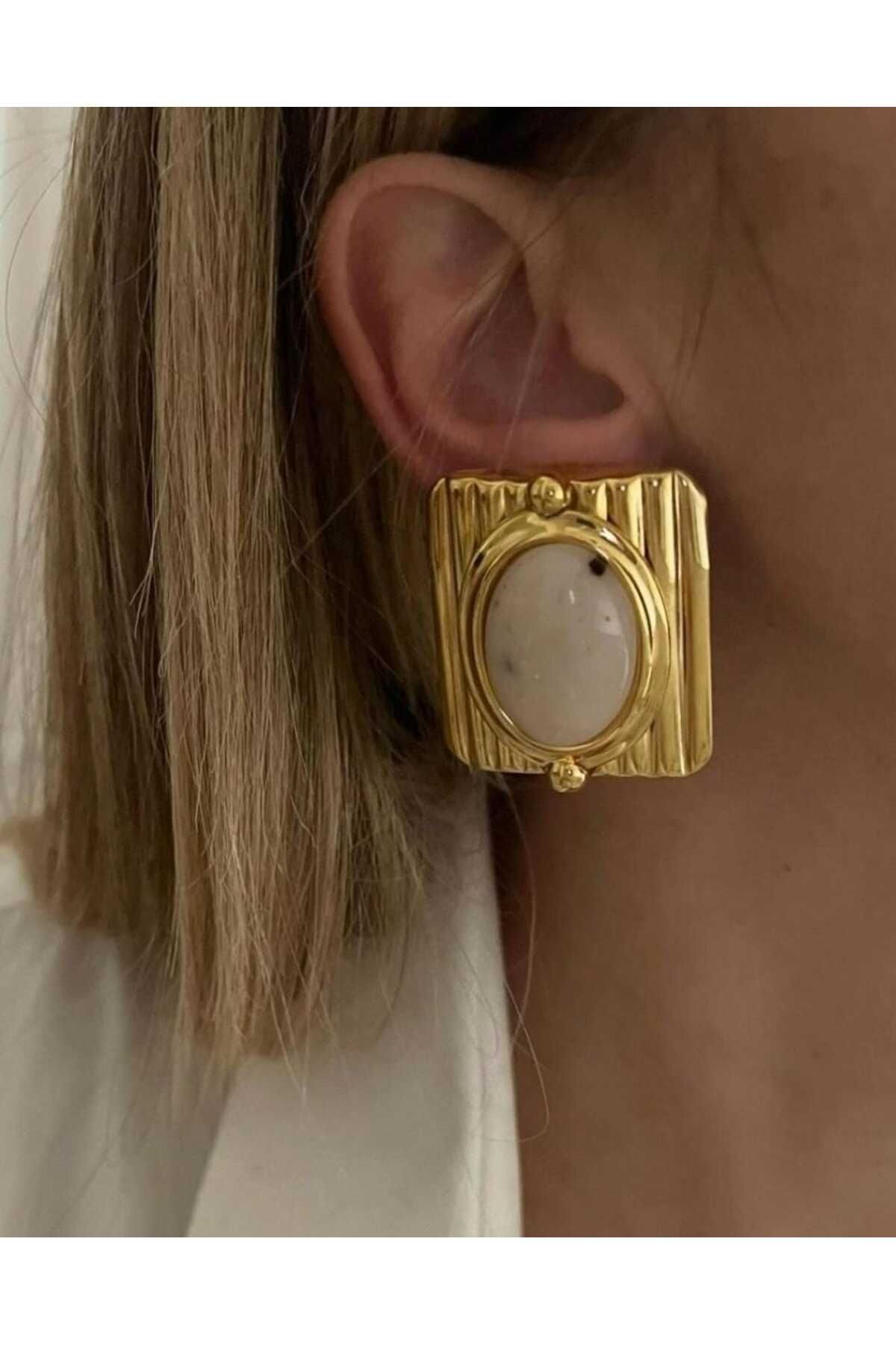 Bubbleatelier Krem taş vintage gold küpe