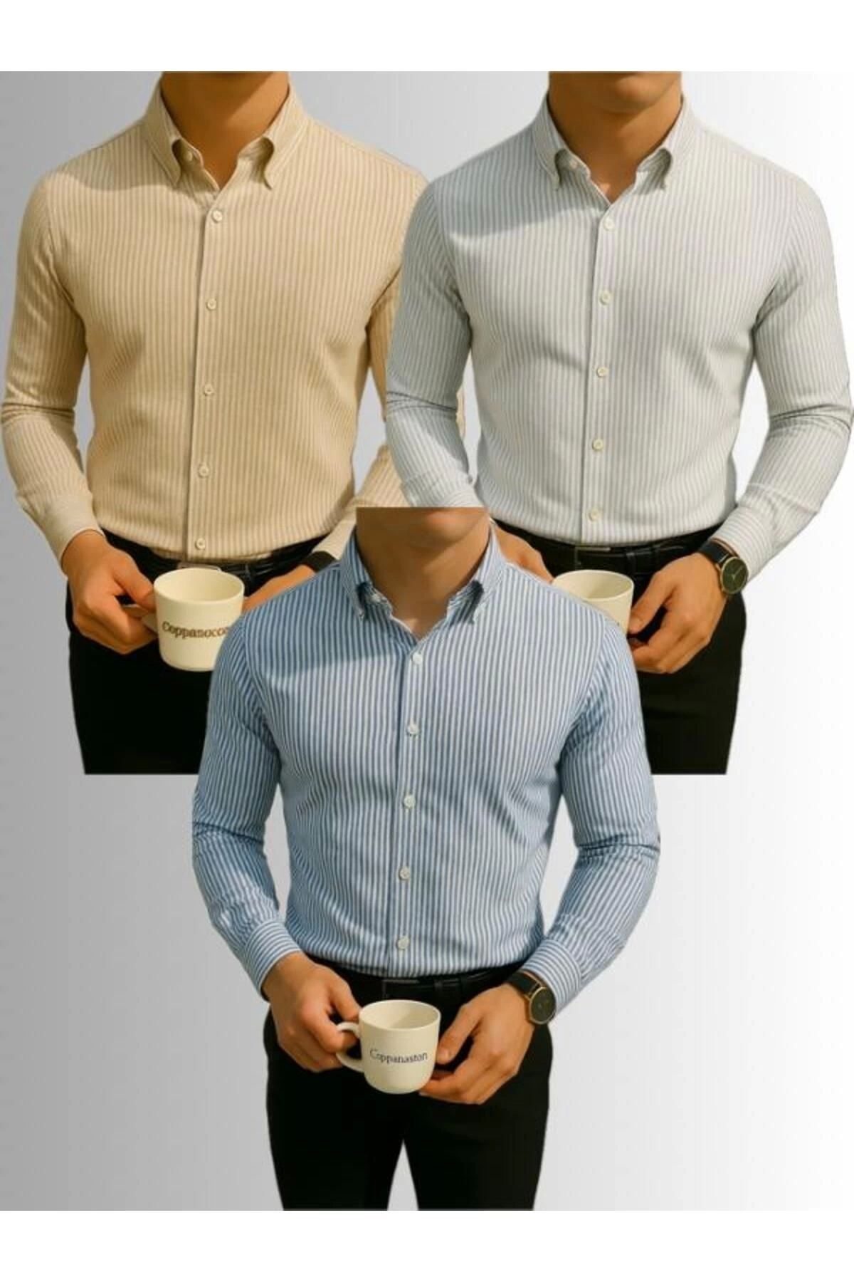 LC Waikiki 2'li Avantaj Slim Fit Uzun Kollu Düğmeli Kolay Ütü Çizgili Şık Premium Erkek Klasik Spor Gömlek