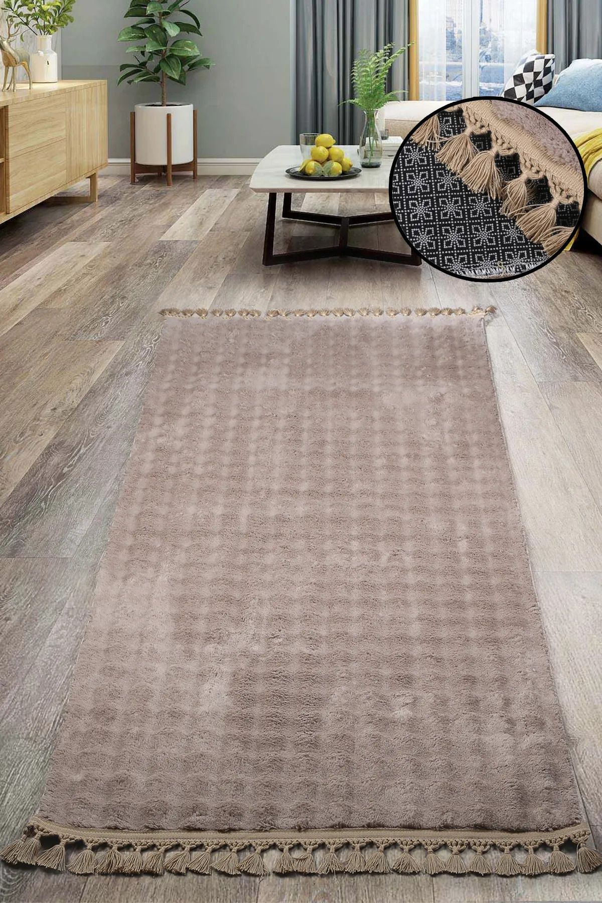 SerenitaHome Post/Peluş Kaymaz Taban Yıkanabilir Bubble Serisi Vizon Salon Oturma Odası Mutfak Halısı