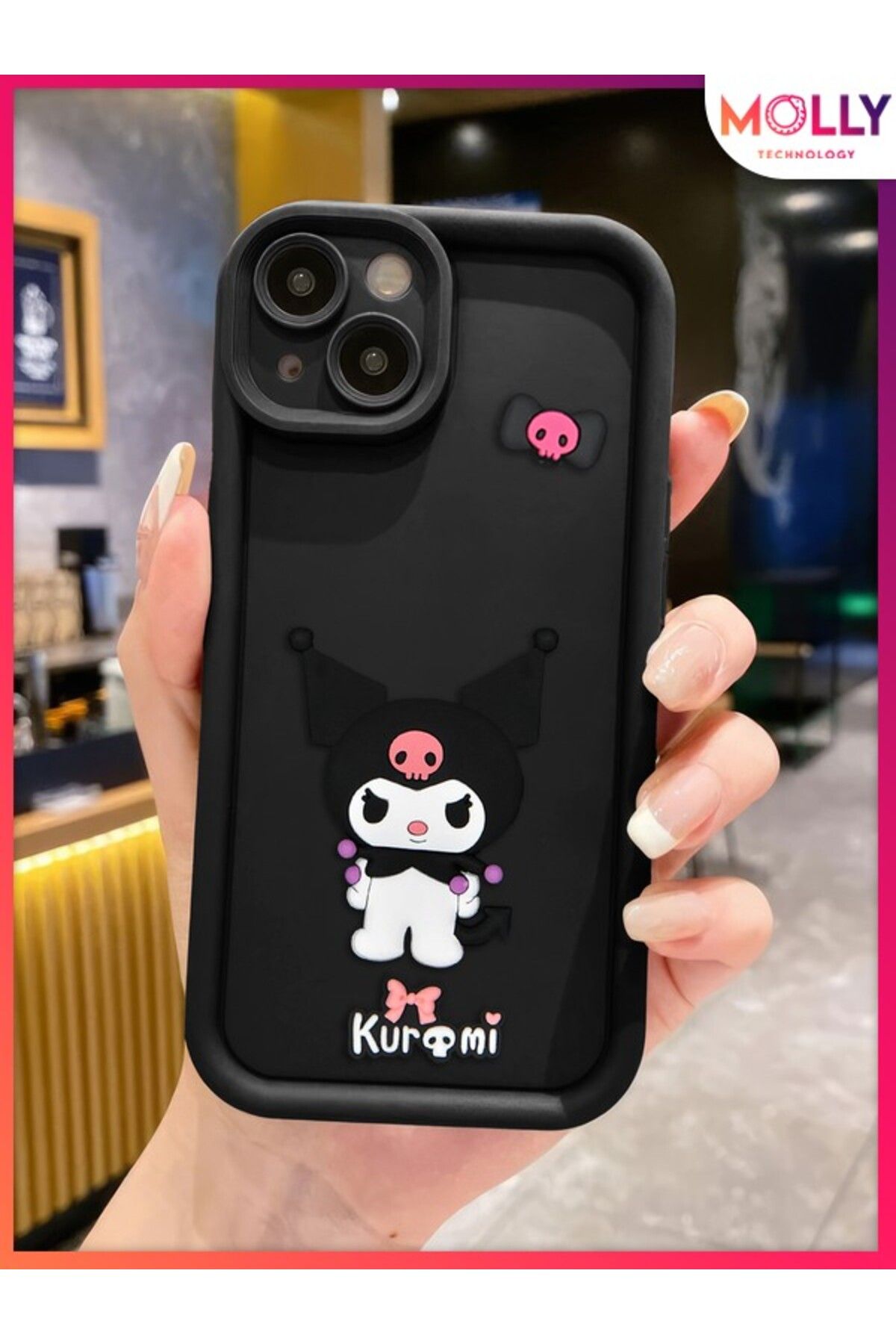 Molly iPhone 13 İçin Siyah Kenarları Kalın 3d Kabartmalı Kawaii Kuromi Silikon Kılıf