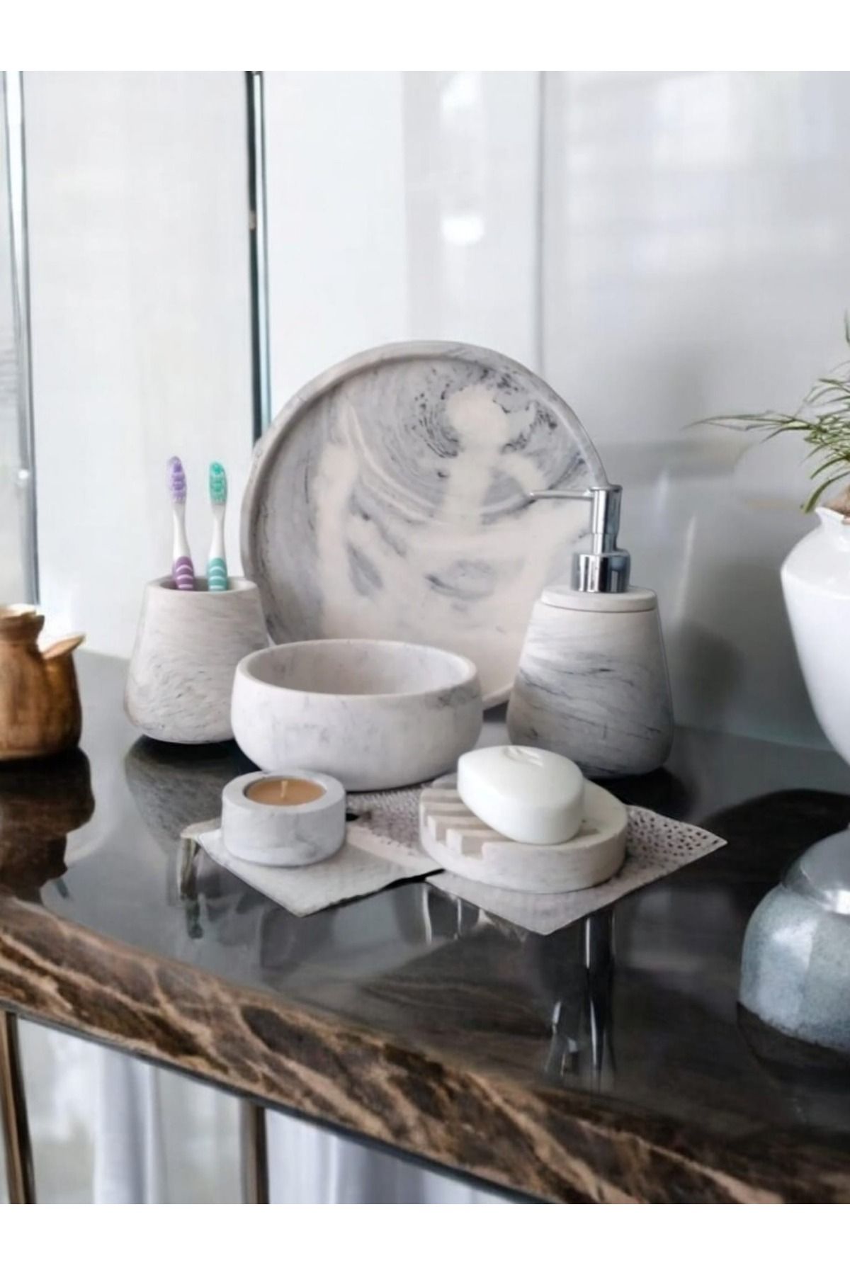 Trust Stone 6'lı Mermer Desen Bej Beton Banyo Seti ,Sıvı Sabunluk Diş Fırçalığı Aksesuar TakımI