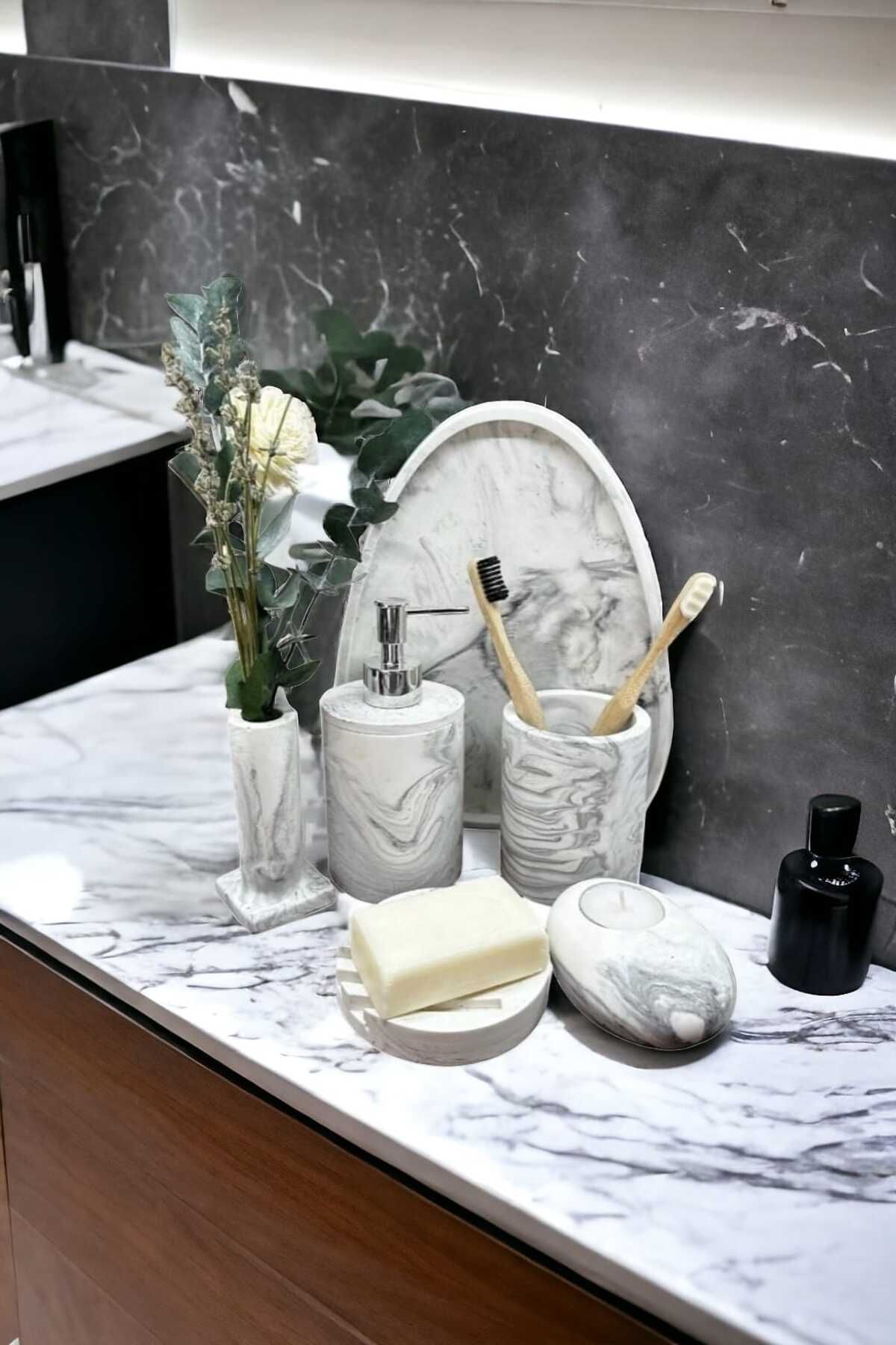 Trust Stone 6'lı Mermer Desen Beton Banyo Seti ,Sıvı Sabunluk Diş Fırçalığı Aksesuar TakımI