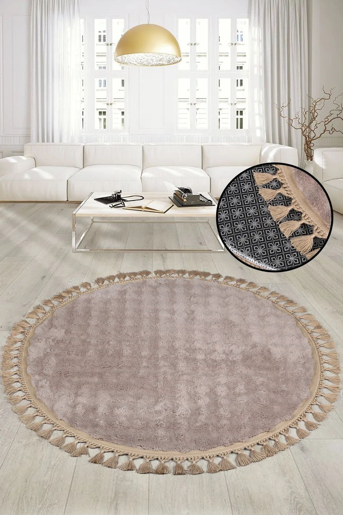 SerenitaHome Post/Peluş Kaymaz Taban Yıkanabilir Bubble Yuvarlak Saçaklı Vizon Salon Koridor Mutfak Halısı