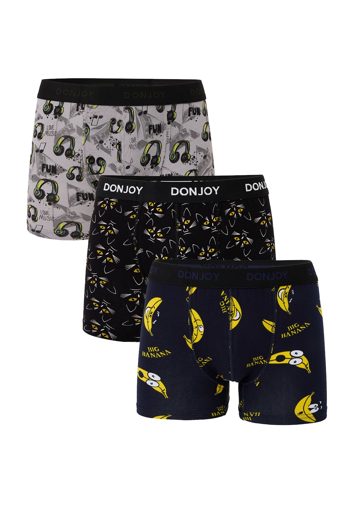 don joy Erkek 3'lü Karışık Desenli Pamuklu Penye Beli Lastikli Boxer