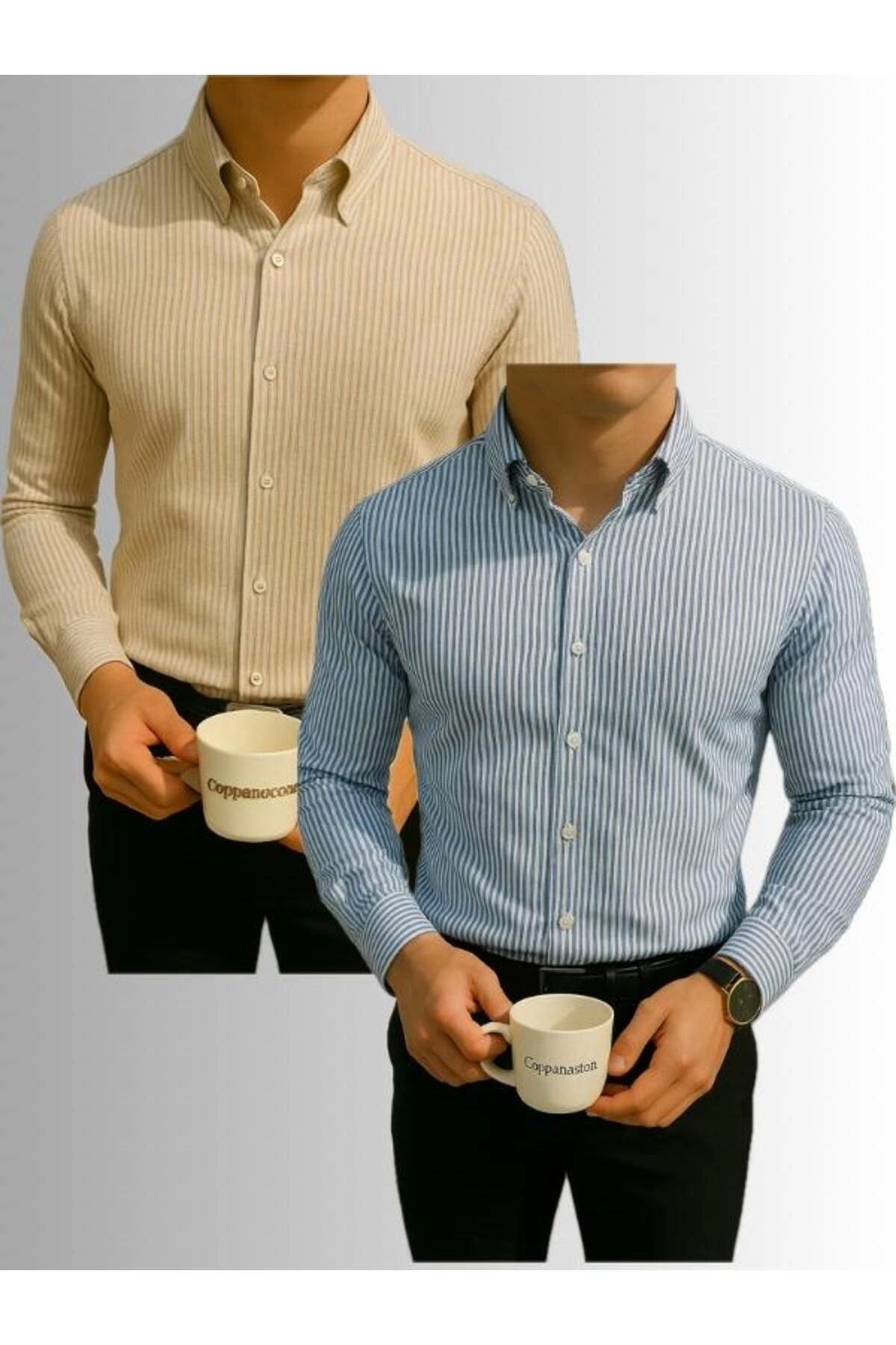 LC Waikiki 2'li Avantaj Slim Fit Uzun Kollu Düğmeli Kolay Ütü Çizgili Şık Premium Erkek Klasik Spor Gömlek