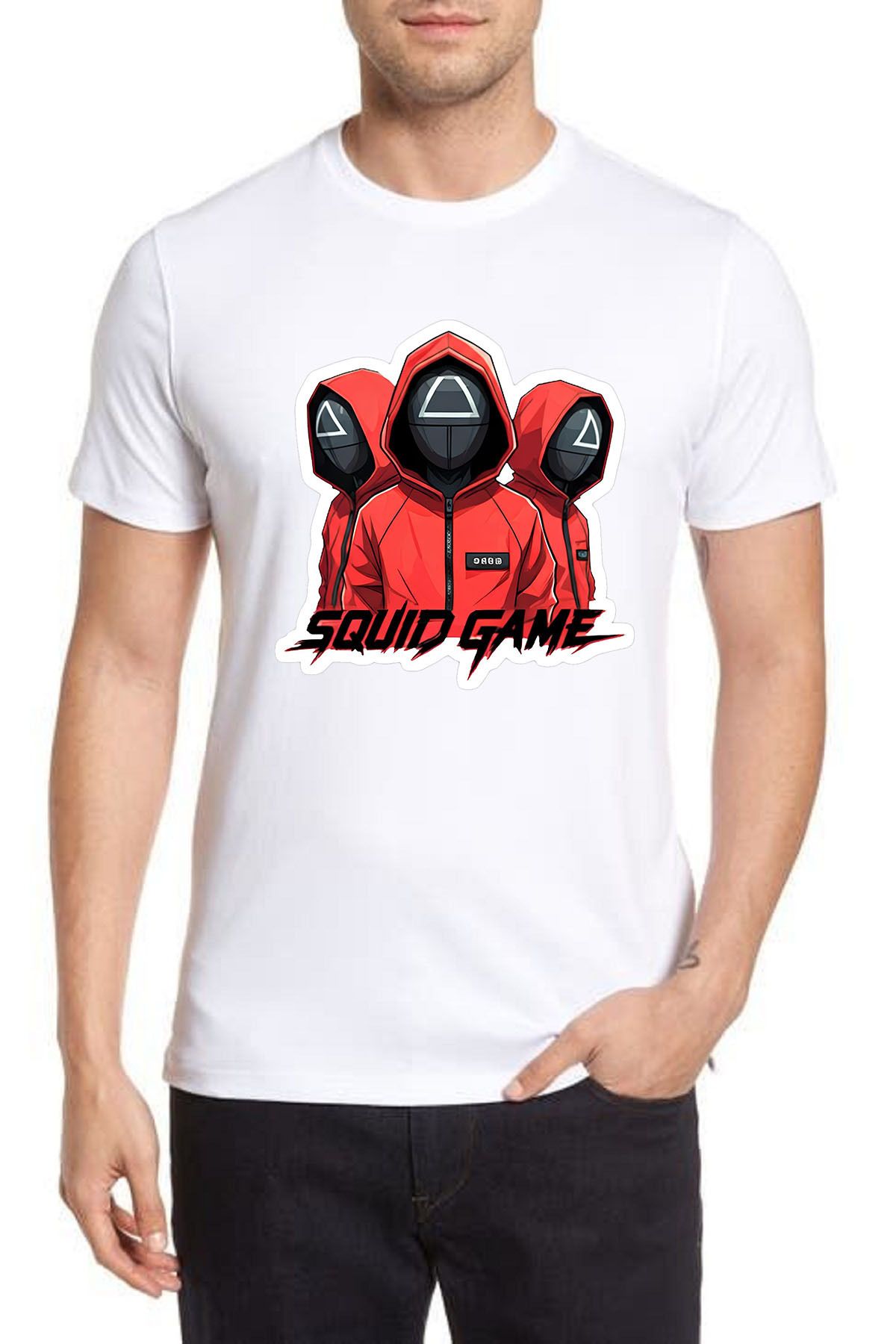 makiteks Baskılı Squidgames Kadın Erkek Unisex Bisiklet Yaka Baskılı T-shirt Beyaz Siyah Gri tshirt tişört