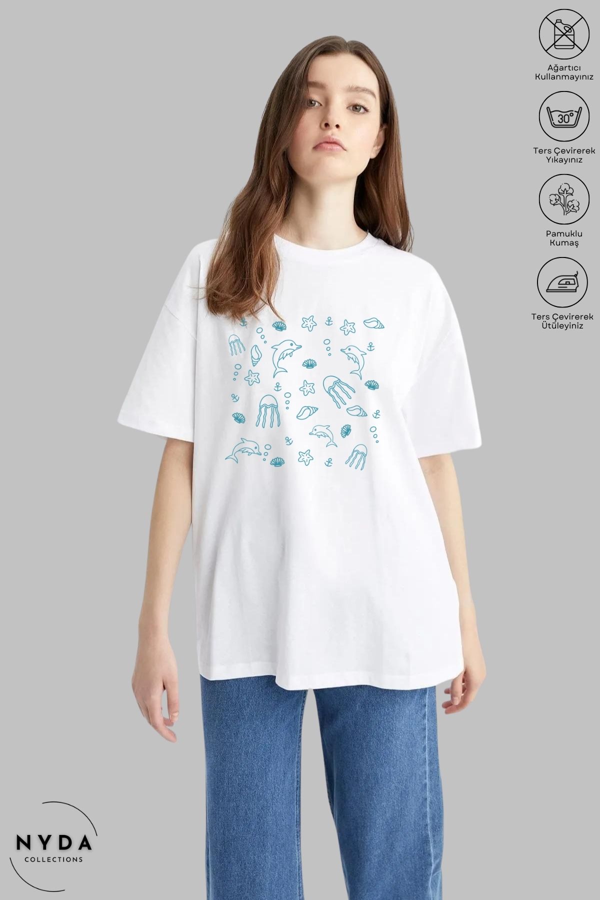 Nyda Collections Kadın Bisiklet Yaka Deniz Canlıları Baskılı Pamuk Oversize Kısa Kollu Tişört