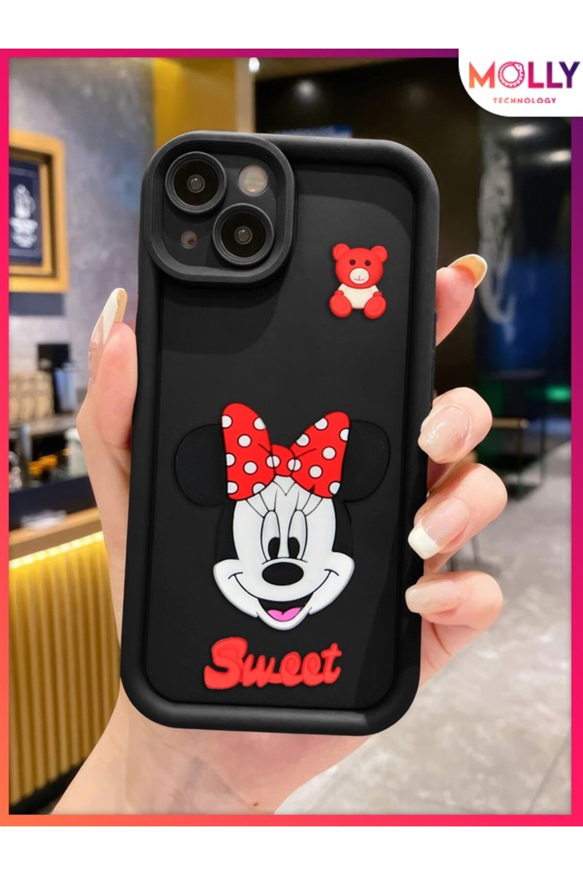 Molly iPhone 13 İçin Siyah Kenarları Kalın 3d Kabartmalı Sevimli Minnie Silikon Kılıf