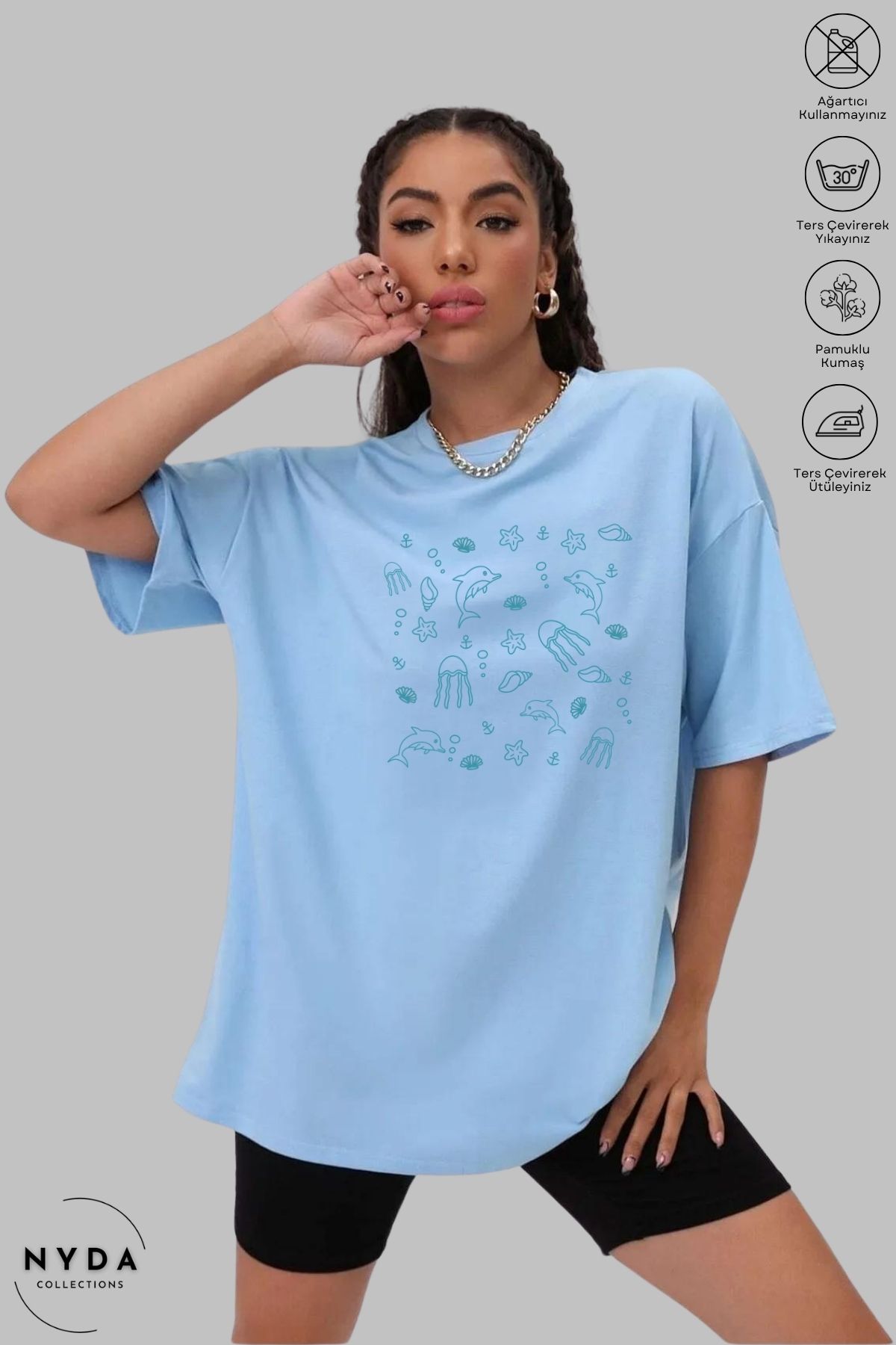 Nyda Collections Kadın Bisiklet Yaka Deniz Canlıları Baskılı Pamuk Oversize Kısa Kollu Tişört