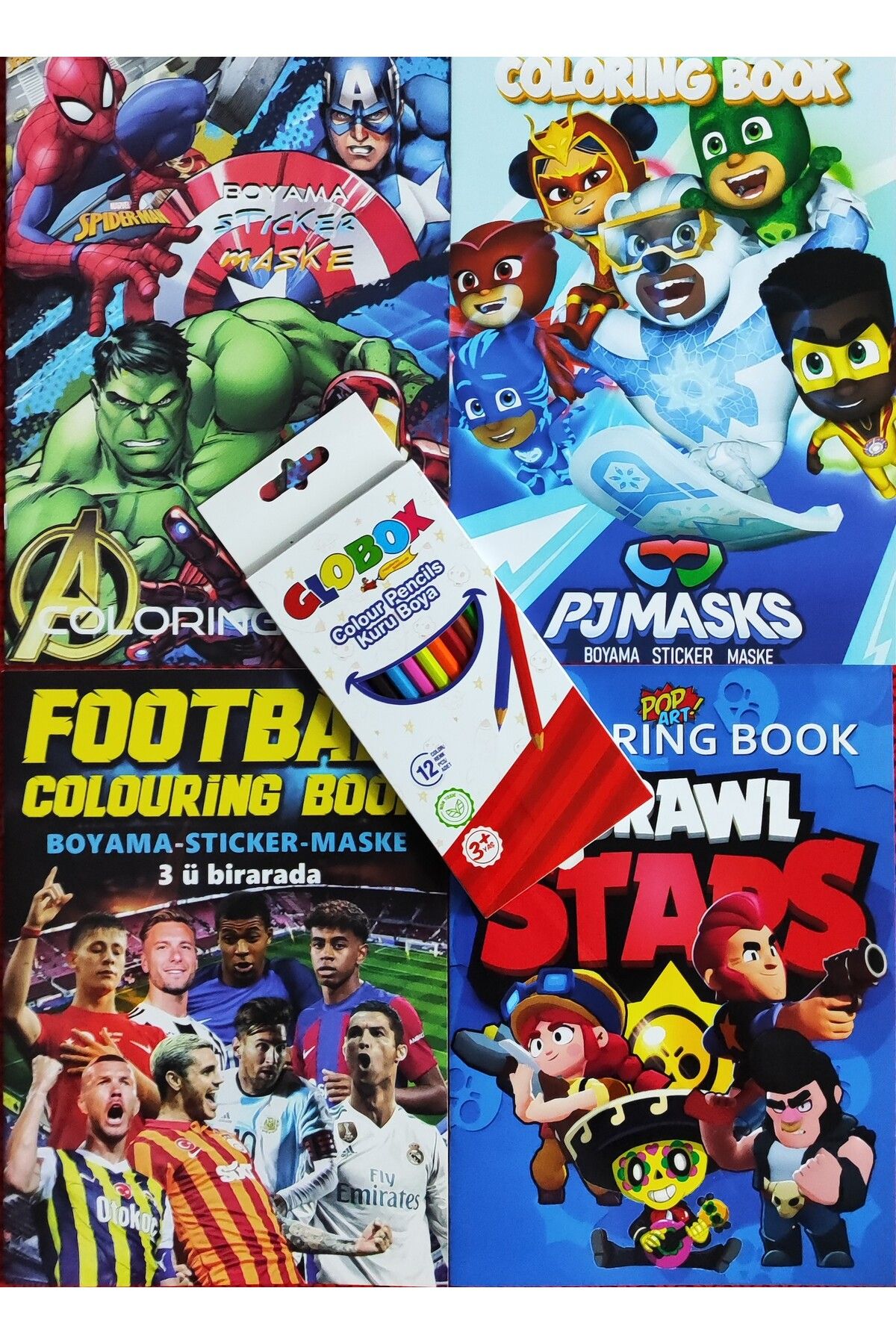 ada çanta kırtasiye 4 adet stickerli boyama kitabı 12 li kuru boya kalemi hediyeli (Brawlstars/futbol/s.kahrm./pijam)X12