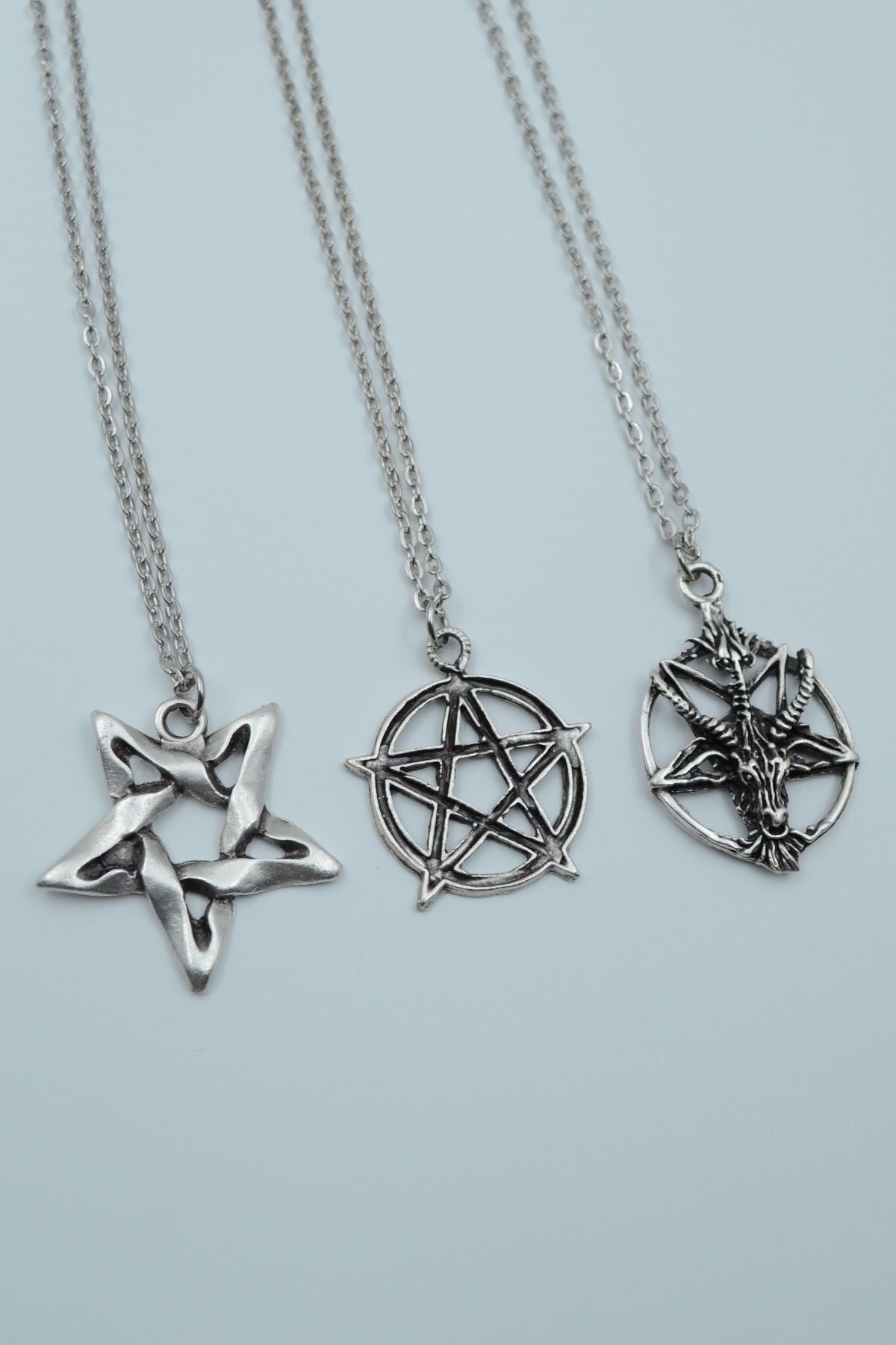 ıdr 3'lü Pentagram Ters Pentagram Keçi Kafası Gümüş Kaplama Kolye Seti