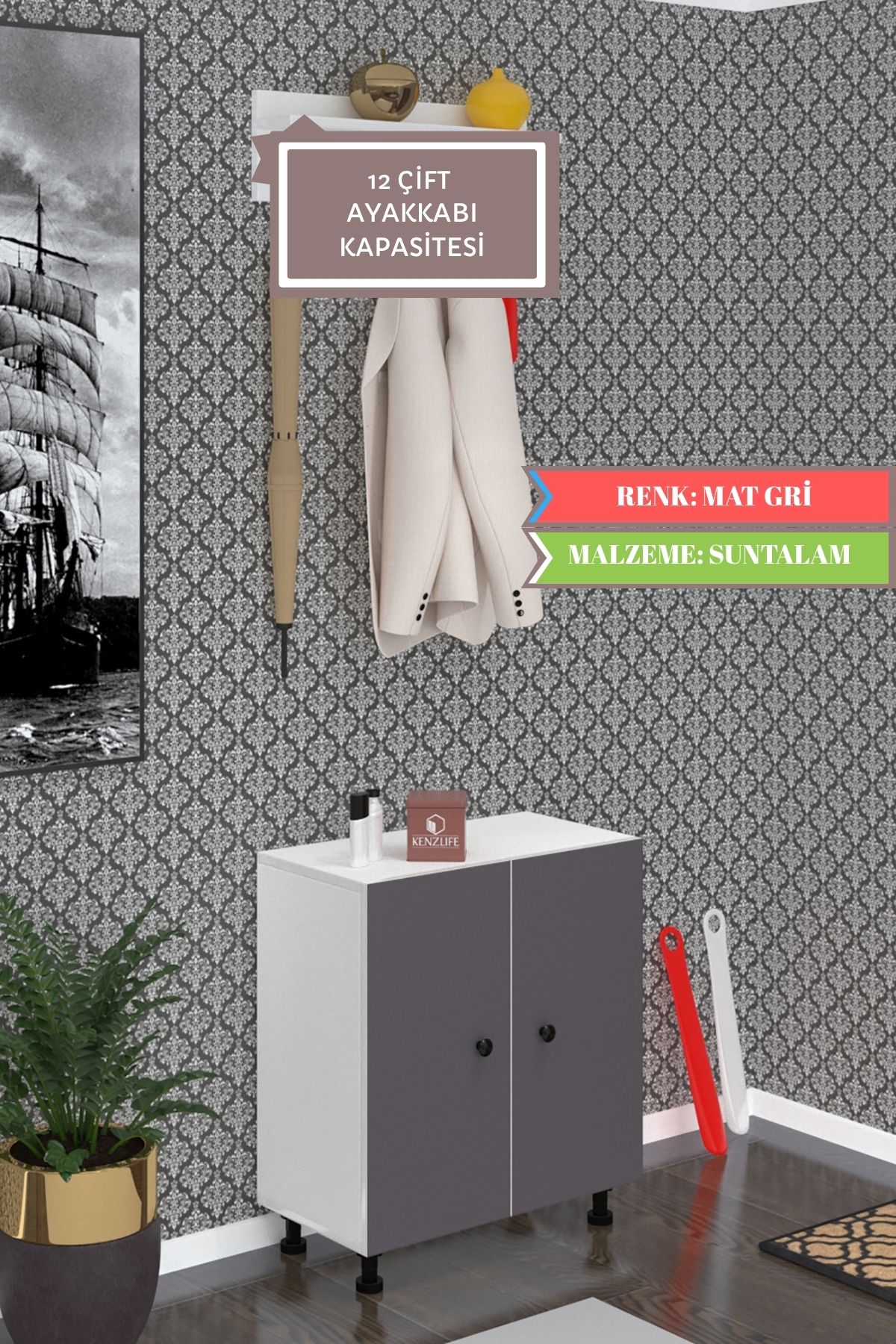Kenzlife ayakkabılık cimcime4 gribyz 68*060*32 kapaklı 4 raflı 12 çift ayakkabı kapasitesi