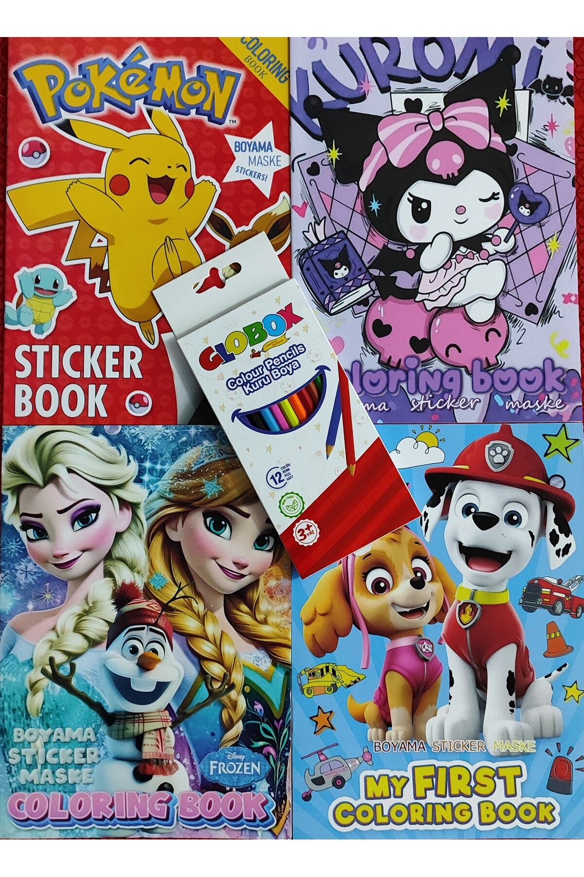 ada çanta kırtasiye 4 adet stickerli boyama kitabı 12 li kuru boya kalemi hediyeli (paw patrol/kuromi/pocemon/elsa )X07