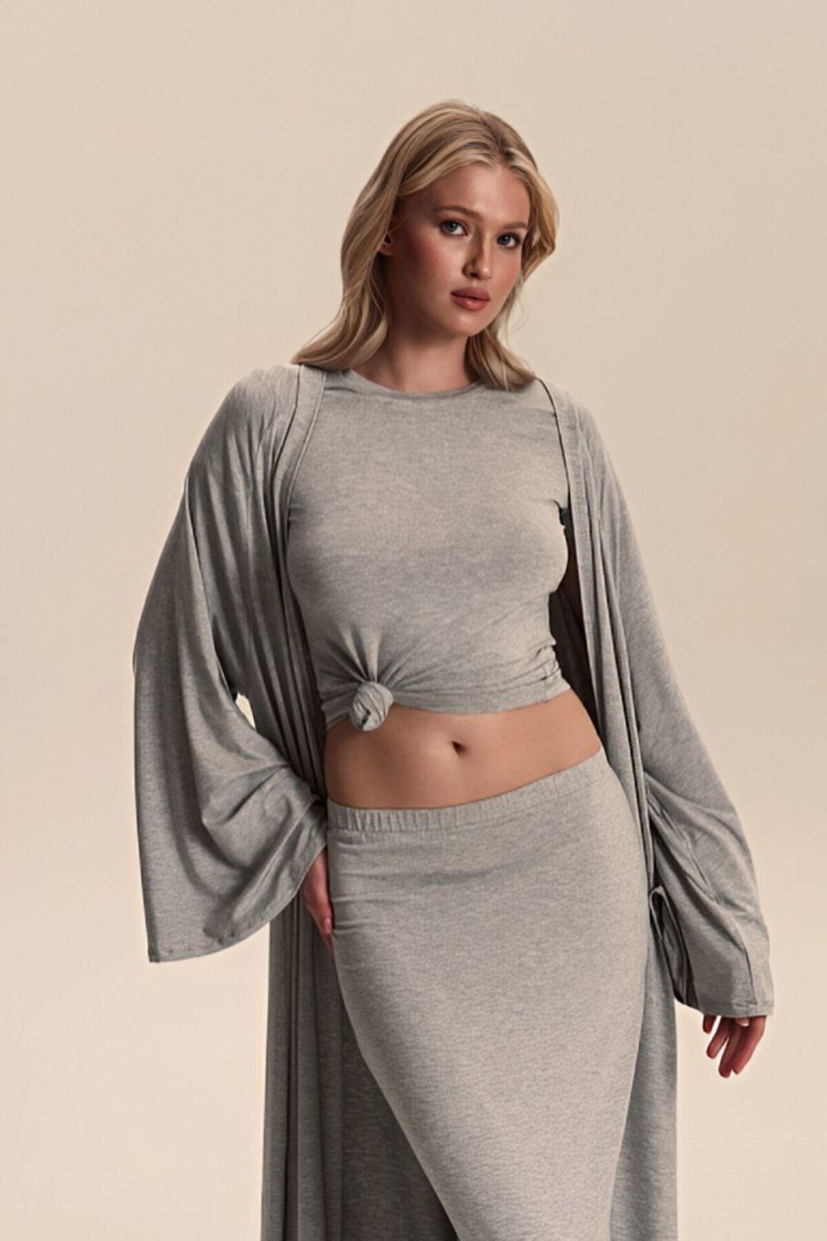 femmes fraiches Femmes Dolce Antrasit Set ( Maxi Etek - Tshirt - Kimono )
