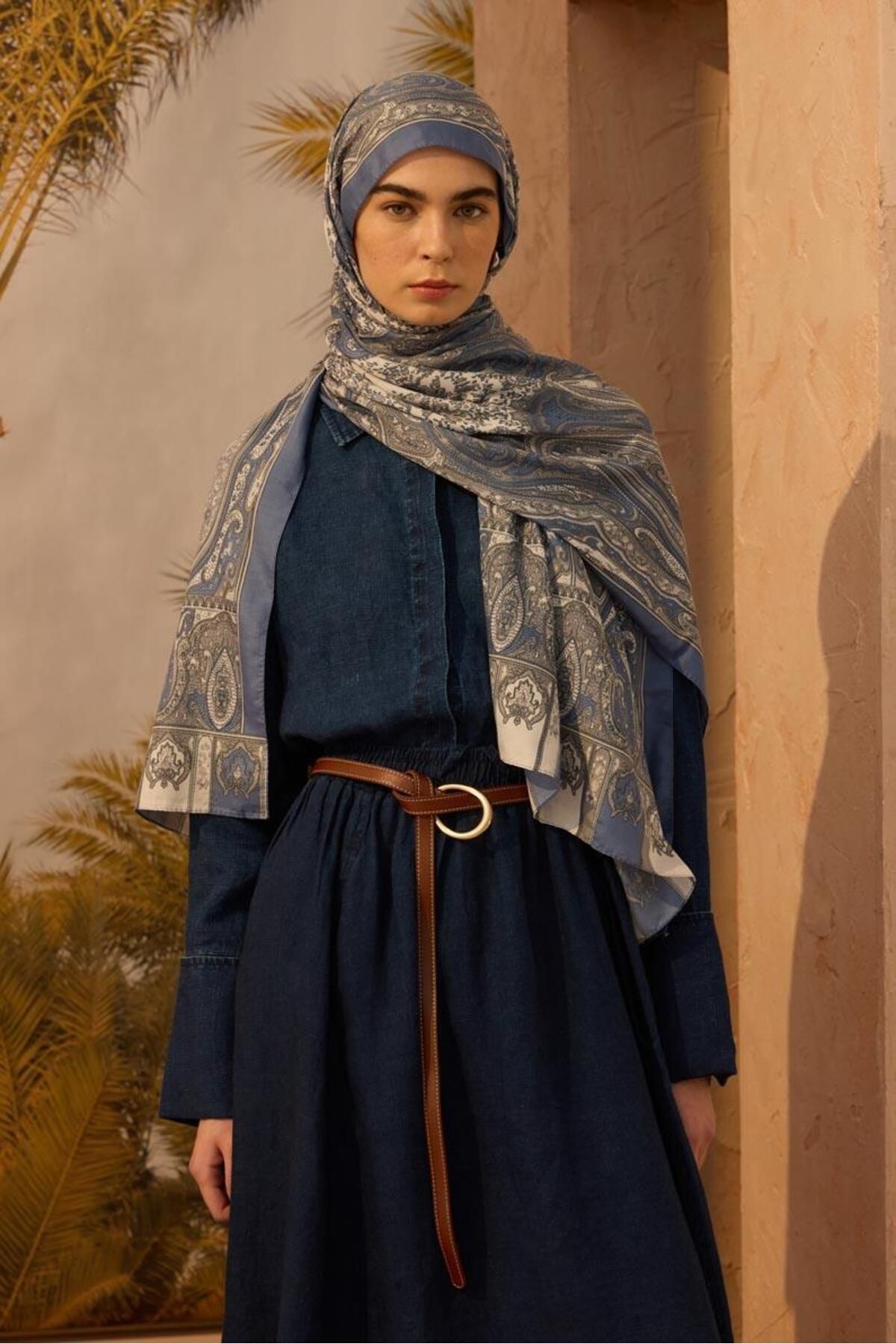 ALYOSHA FASHION Desenli Etnik Şal Mavi - Gri