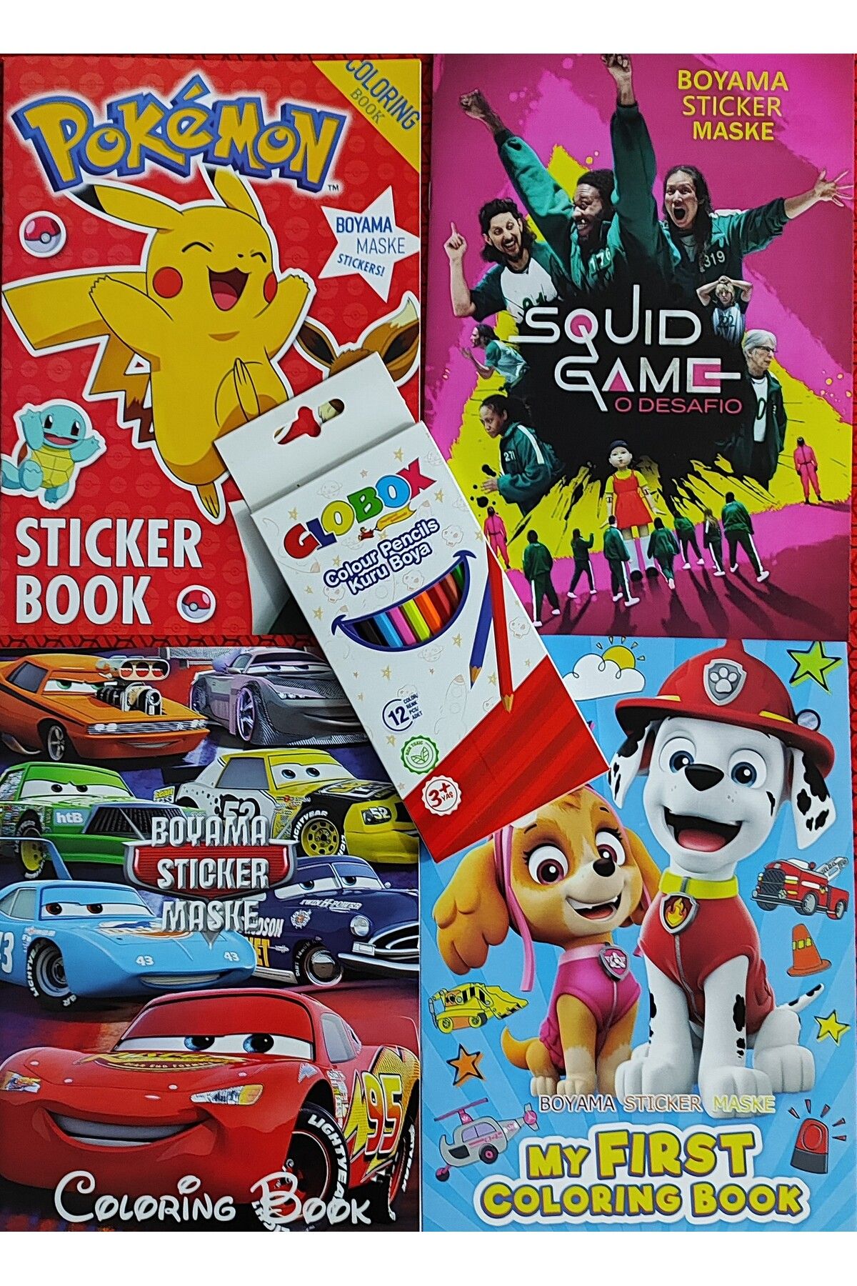 ada çanta kırtasiye 4 adet stickerli boyama kitabı 12 li kuru boya kalemi hediyeli (patrol/squid g/pocemon/arabalar )X08