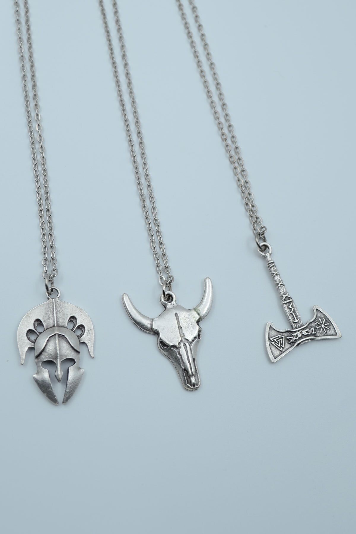 ıdr 3'lü Viking Balta Buffalo - Boğa Savaşçı Miğfer Gümüş Kaplama Kolye Seti