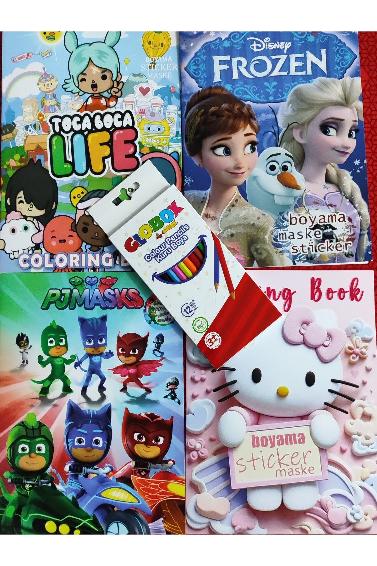 ada çanta kırtasiye 4 adet stickerli boyama kitabı 12 li kuru boya kalemi hediyeli (h.kitty/frozen/toca b./pijamaske)X03