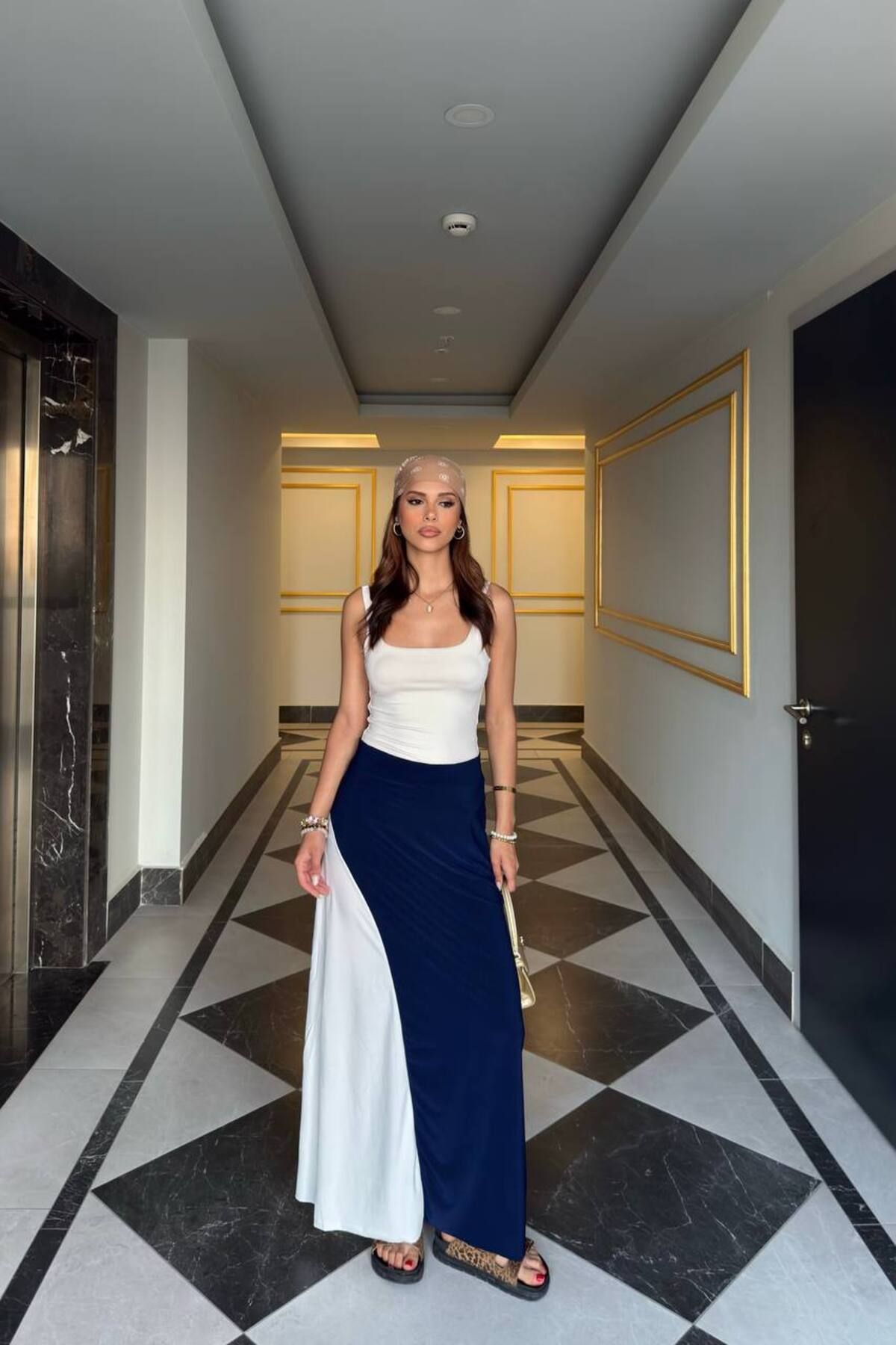 YONEZ MODA Kadın İki Tonlu Modern Sendy Kumaş Maxi Etek