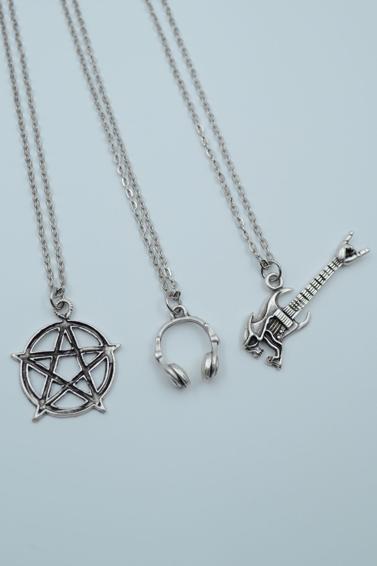 ıdr 3'lü Pentagram Kuru Kafa Gitar Kulaklık Gümüş Kaplama Kolye Seti