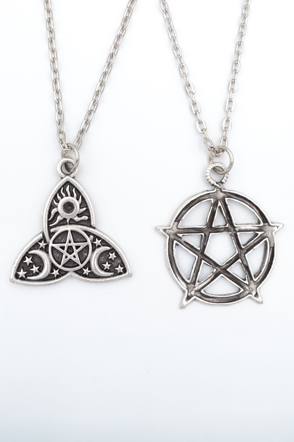 ıdr 2'li Pentagram - Triquetra Güneş Ay Yıldız Gümüş Kaplama Kolye Seti