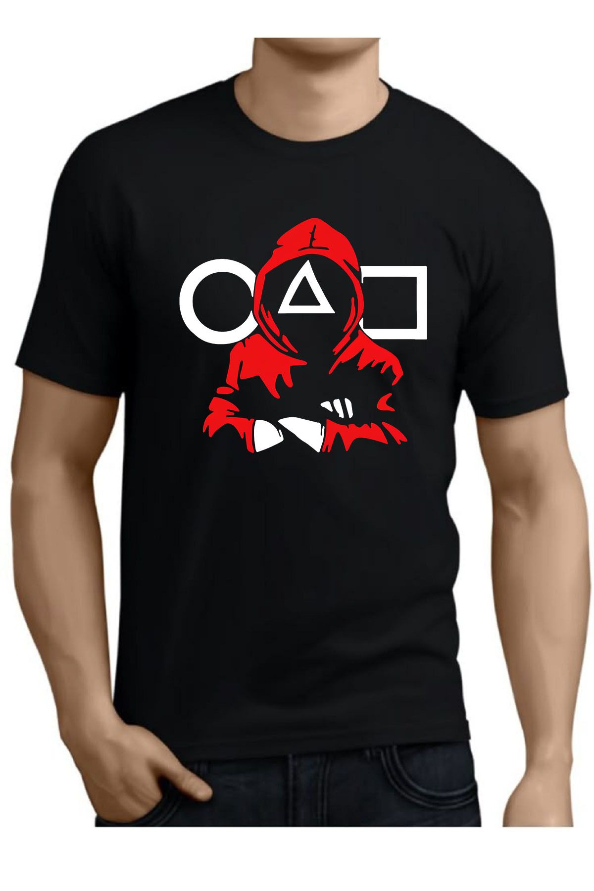 makiteks Baskılı Squidgames Kadın Erkek Unisex Bisiklet Yaka Baskılı T-shirt Beyaz Siyah Gri tshirt tişört