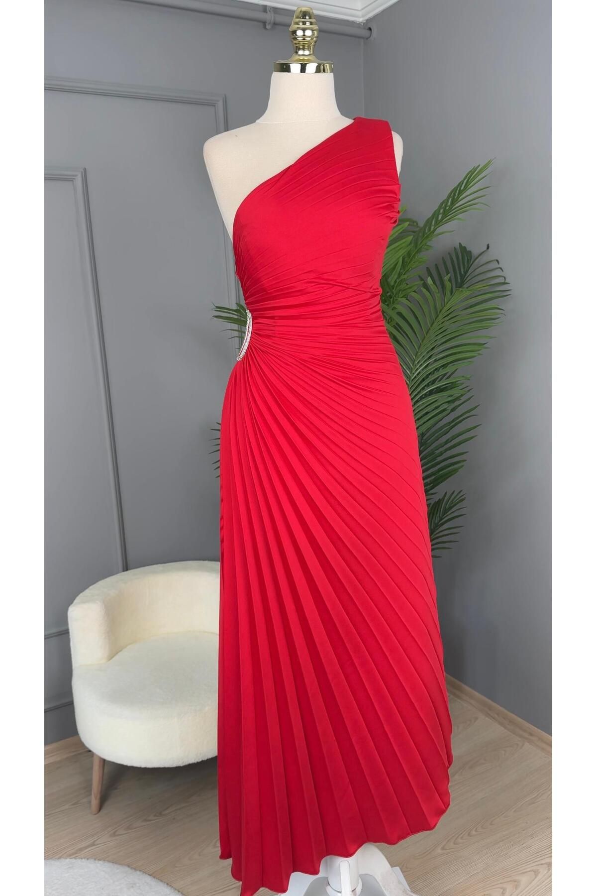 perfectmegastore Ecrin Tamamı Piliseli Beli Taş Detaylı Elbise-5274