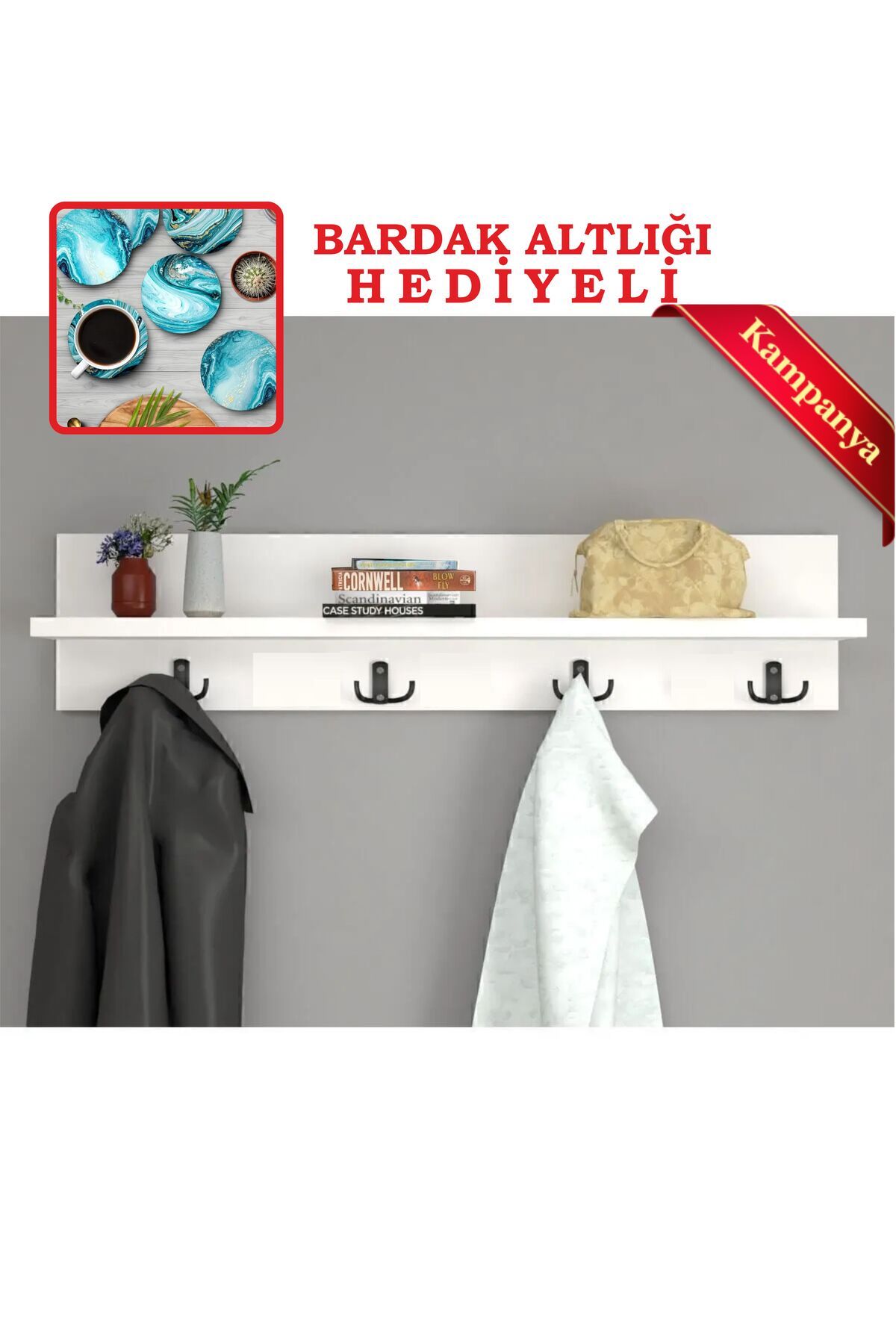 fabriflow exclusive Hediyeli Portmanto Duvar Askılığı Elbise Askılığı Beyaz 70 Cm
