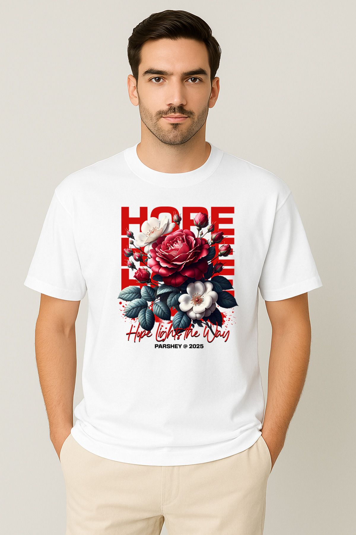 PARSHEY Erkek - Kadın %100 Pamuk Hope Gül Desenli Baskılı Yarım Kollu Bisiklet Yaka T-Shirt