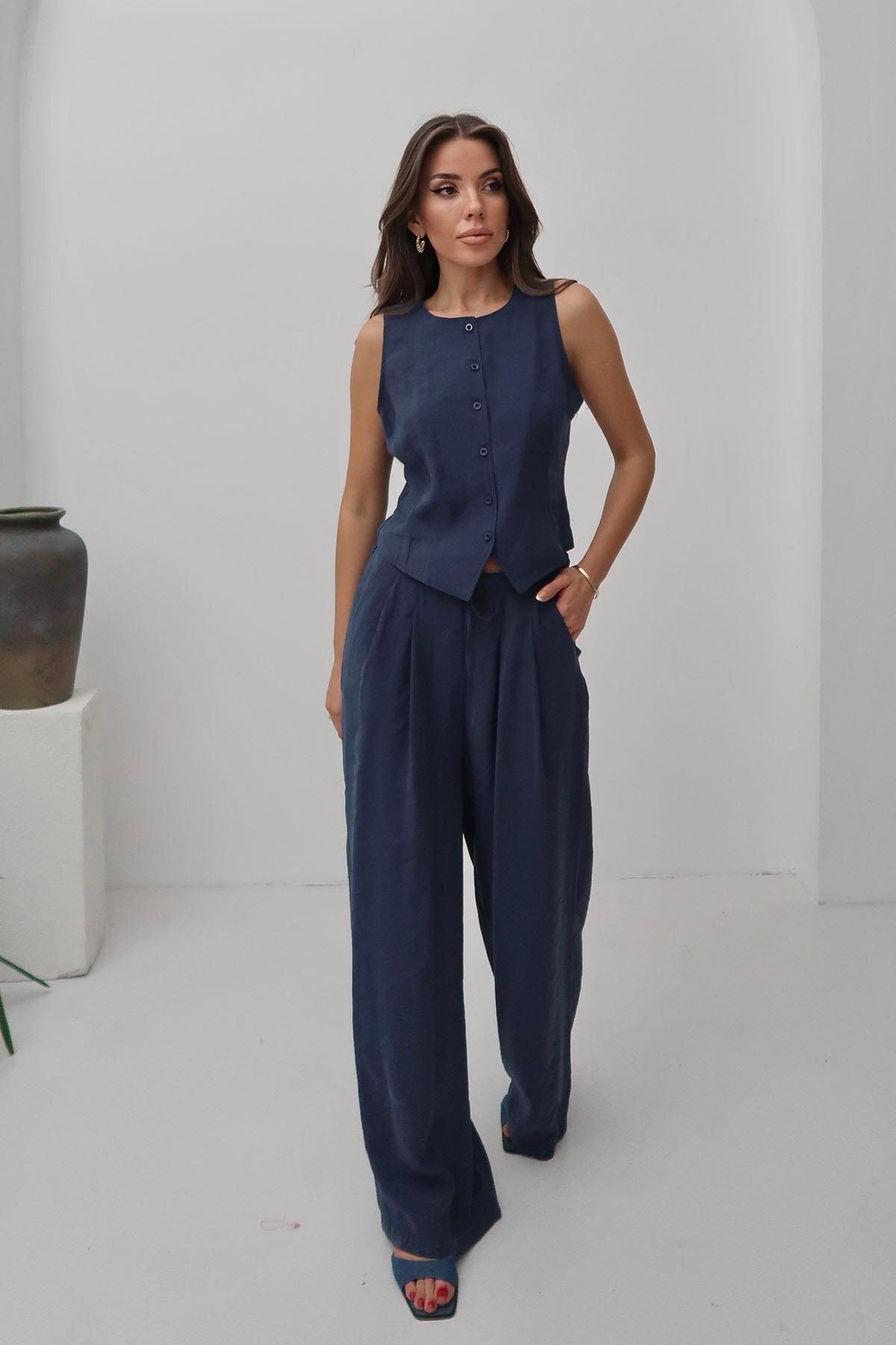 Moda cameo Mohinto Modal Kumaş Yelek Pantolon Takım Lacivert