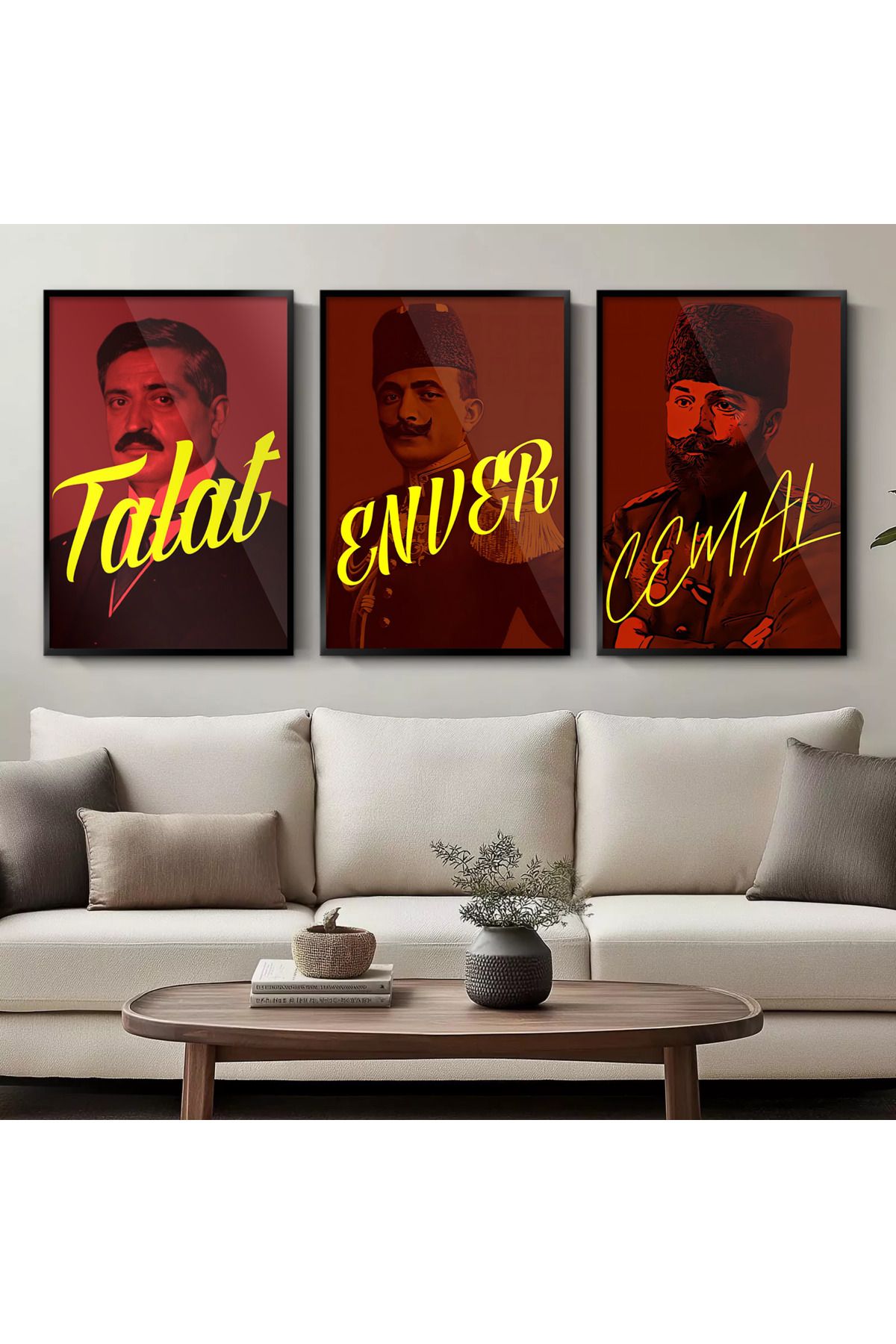 TABLOX Enver Talat Cemal Paşa 3'lü Çerçeve Görünümlü MDF Tablo Seti İttihat ve Terakki Vatan Bayrak