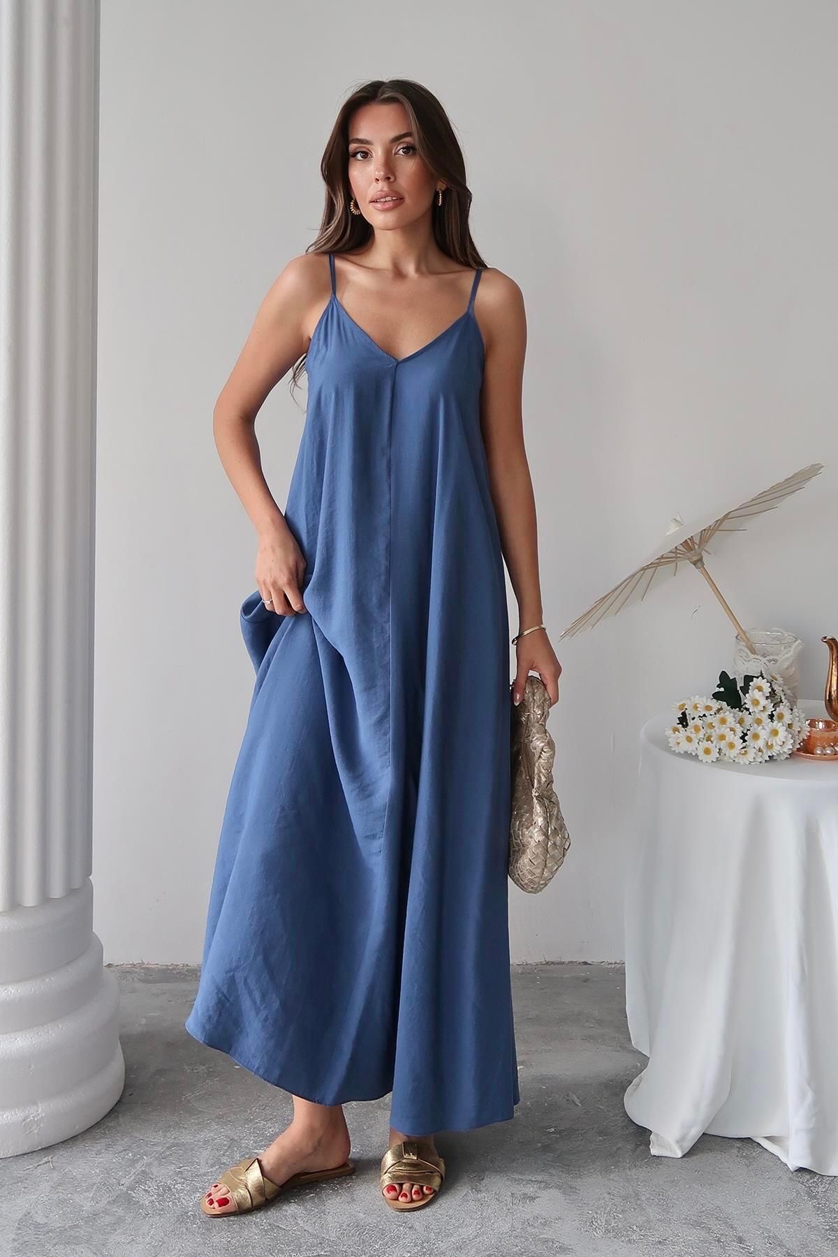 Moda cameo Mohinto İp Askılı Modal Kumaş Elbise Mavi