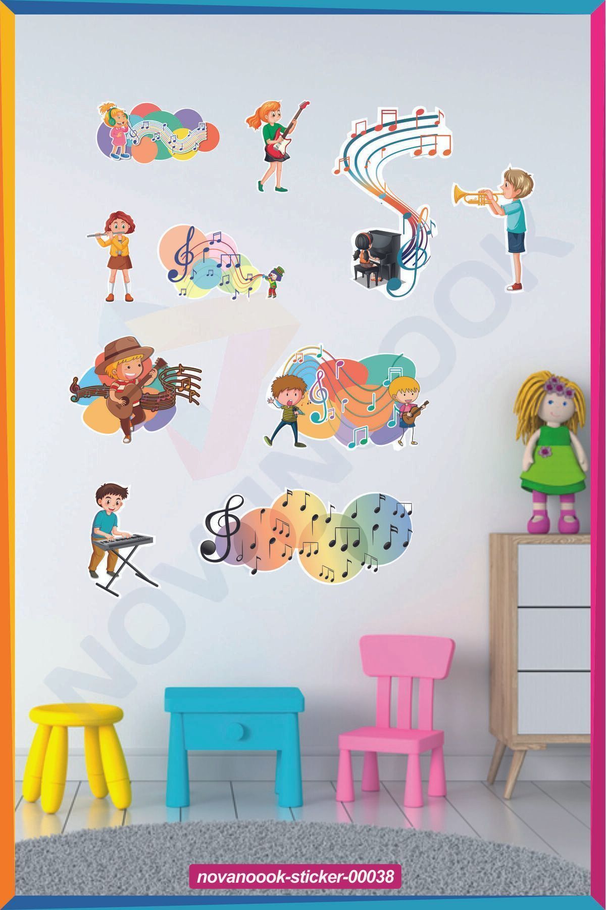 GSticker Müzik Çalan Çocuklar Eğlence Şarkı Nota Bebek Çocuk Odası Duvar Sticker Seti Etiket